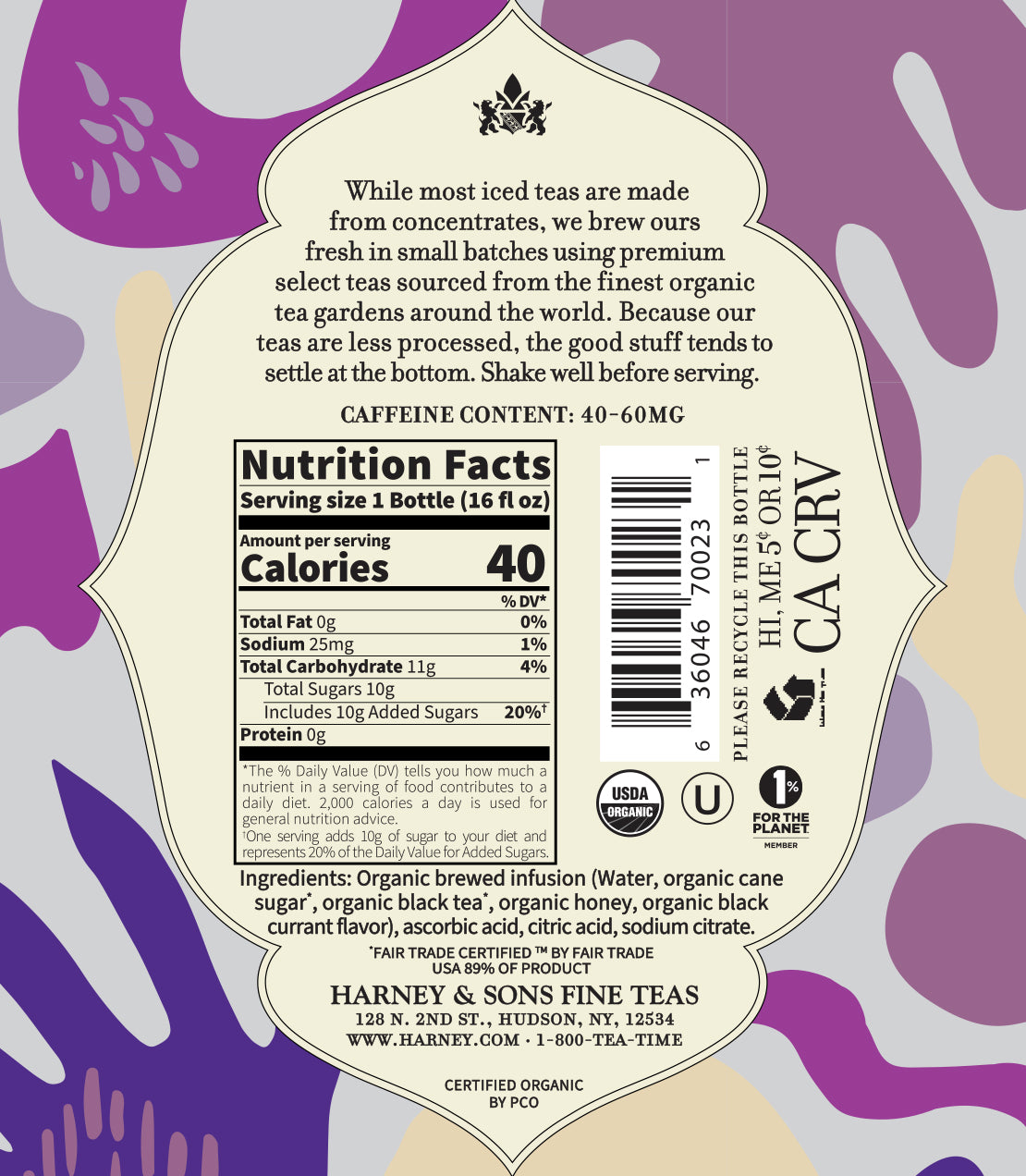 Label of Organic Black Currant Iced Tea, featuring nutrition facts and ingredients for a refreshing beverage.