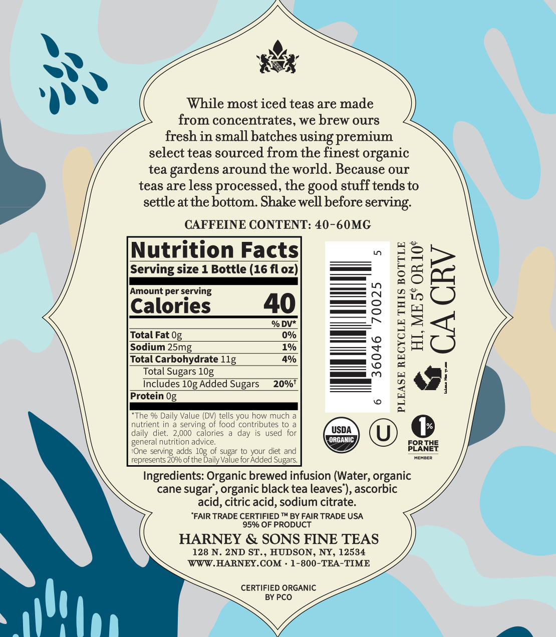 Label of Harney & Sons Organic Plain Black Iced Tea, detailing nutrition facts and brewing instructions.