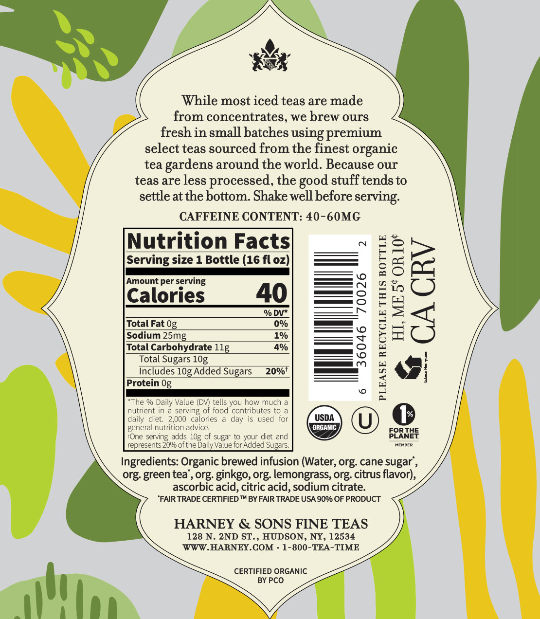 Label of Harney & Sons Organic Green with Citrus & Ginkgo Iced Tea, featuring nutrition facts and ingredients.