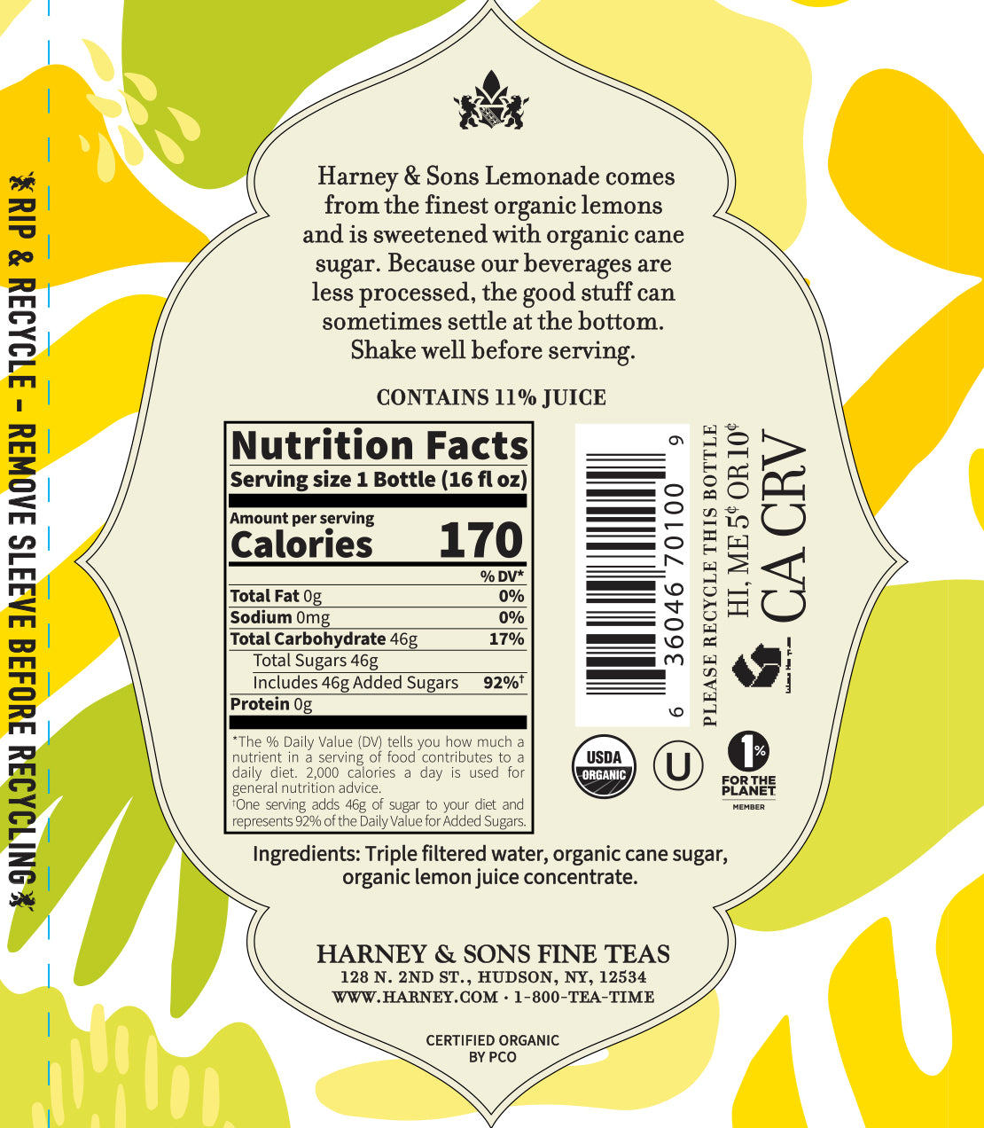 Label of Harney & Sons Organic Lemonade Juice Drink, featuring nutrition facts and vibrant lemon-themed design.