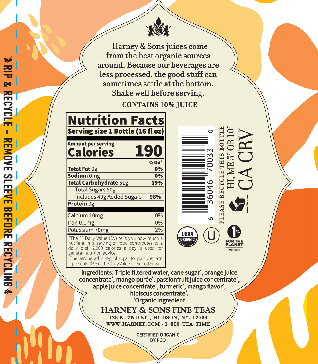 Label of Harney & Sons Organic Orange Mango Juice Drink, featuring nutrition facts and ingredients.