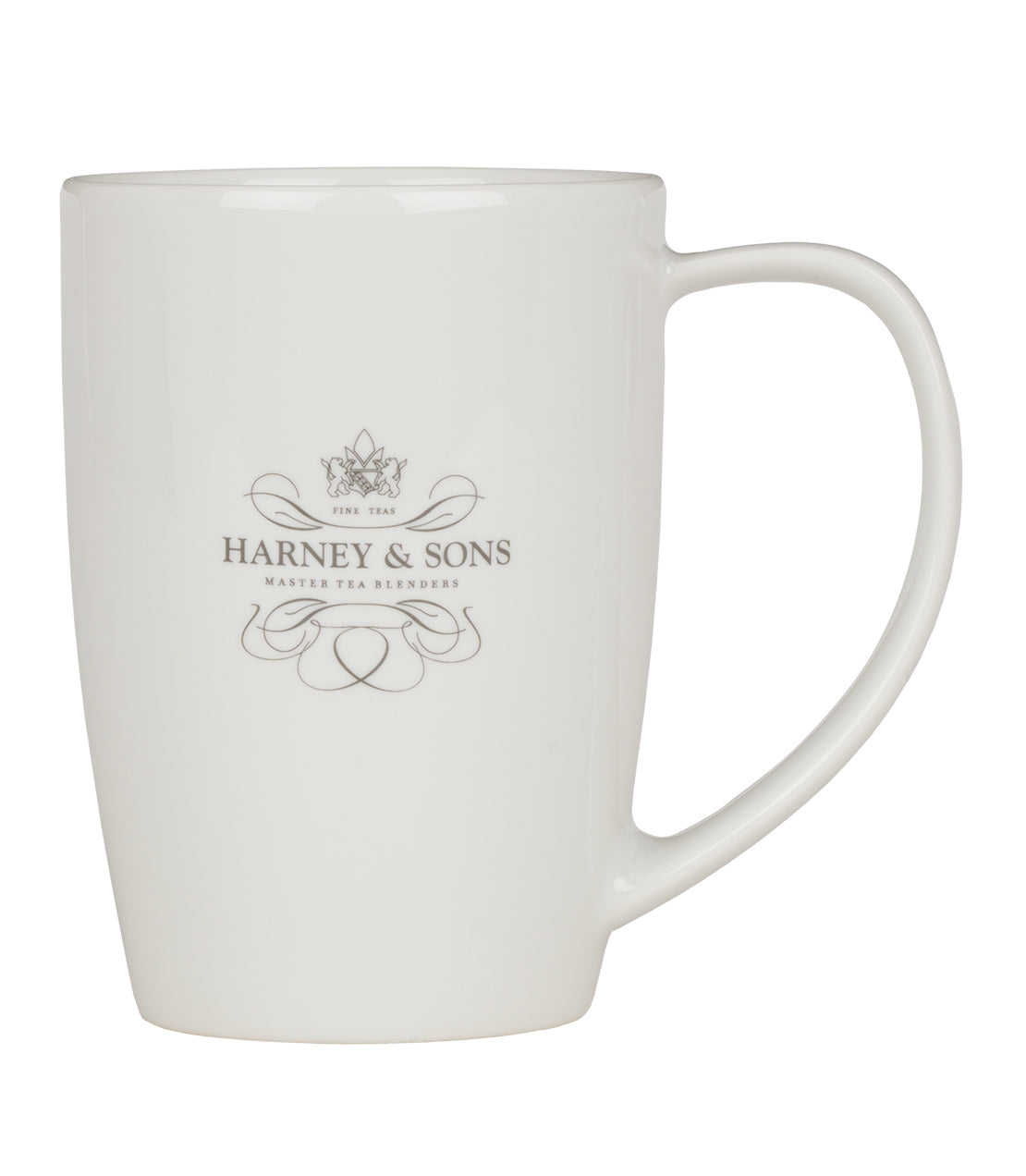 White ceramic mug featuring the Harney & Sons logo, designed for enjoying fine teas.