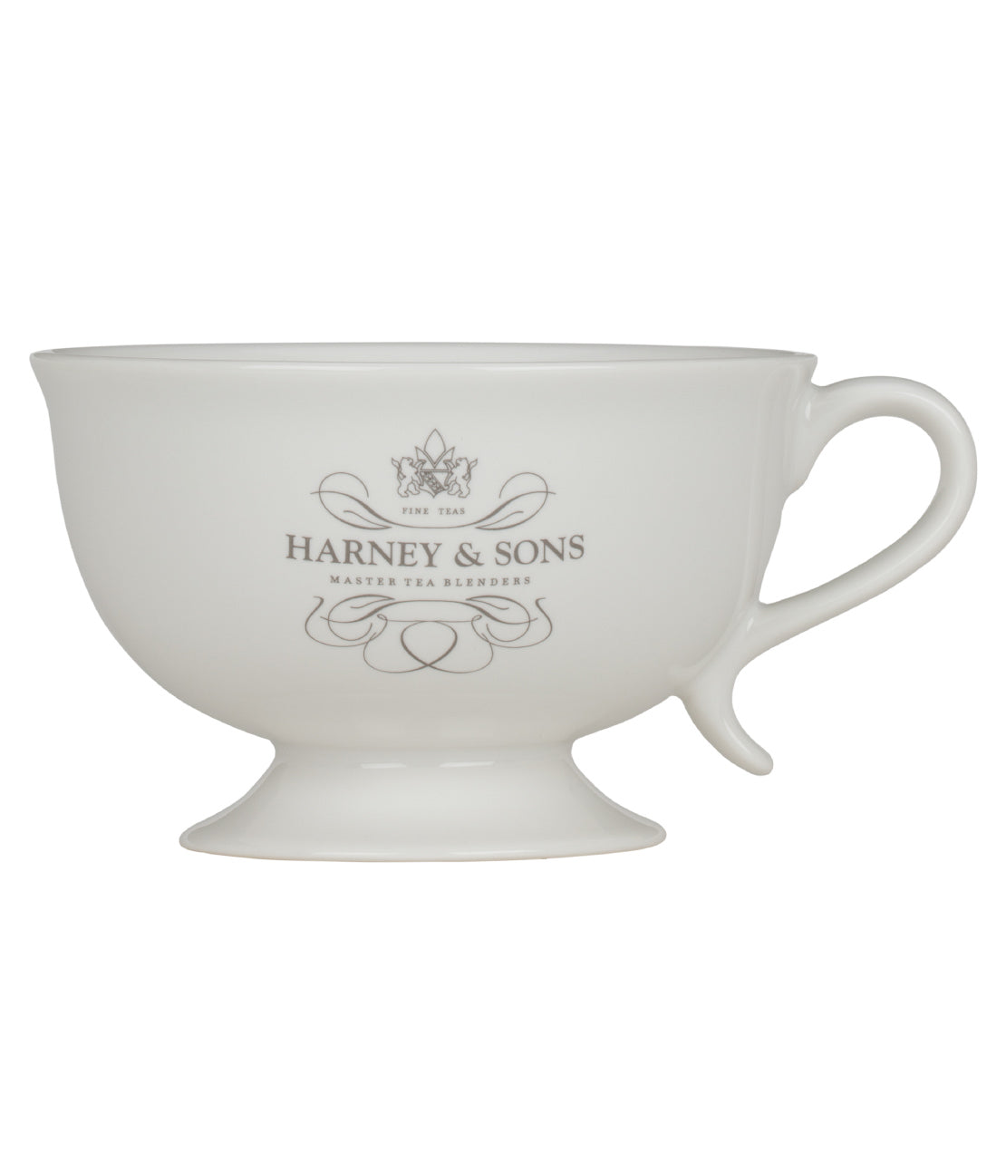 Elegant Harney & Sons teacup featuring a classic design and logo, perfect for enjoying fine teas.