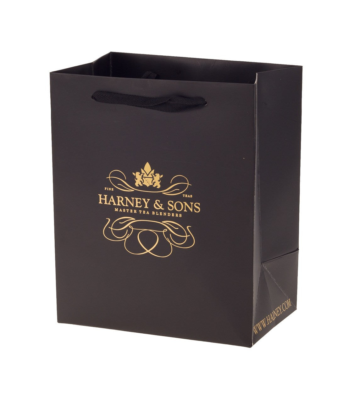 Black medium shopping bag from Harney & Sons, featuring gold logo and elegant design. Perfect for tea lovers.