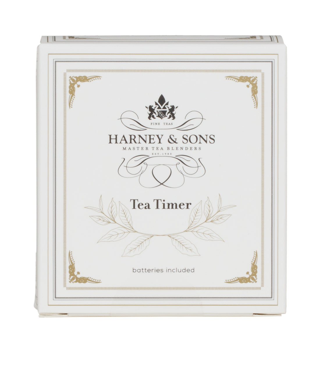 Harney & Sons tea timer box featuring elegant design and logo, with "Tea Timer" label and battery included.