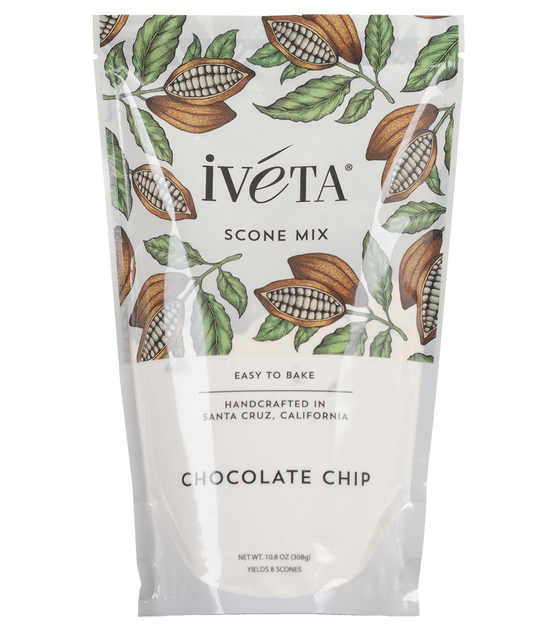 Ivéta Scone Mix in Chocolate Chip flavor, featuring a decorative packaging with cocoa pods and leaves.