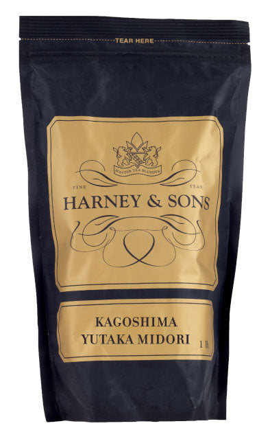 Black tea packaging for Kagoshima Yutaka Midori by Harney & Sons, featuring elegant gold accents and branding.