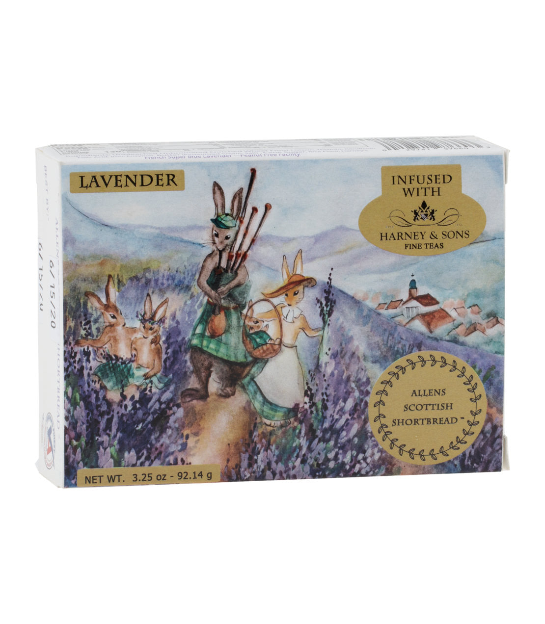 Box of Allens Scottish Shortbread in assorted flavors, featuring a lavender-themed illustration with whimsical characters.