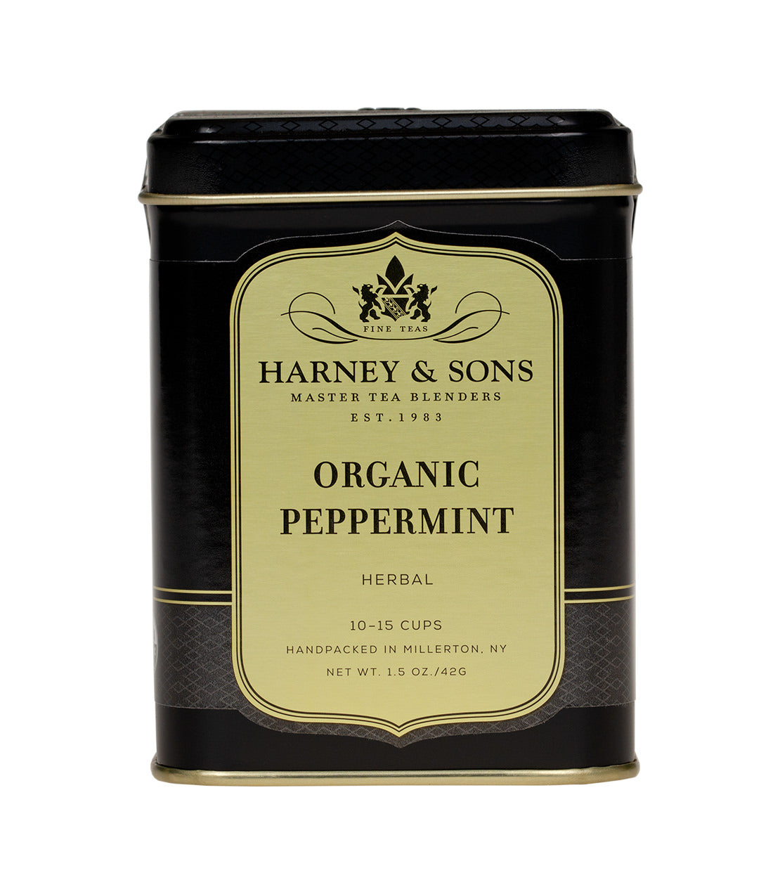 Black tin container of Harney & Sons Organic Peppermint tea, labeled for herbal use, net weight 1.5 oz.