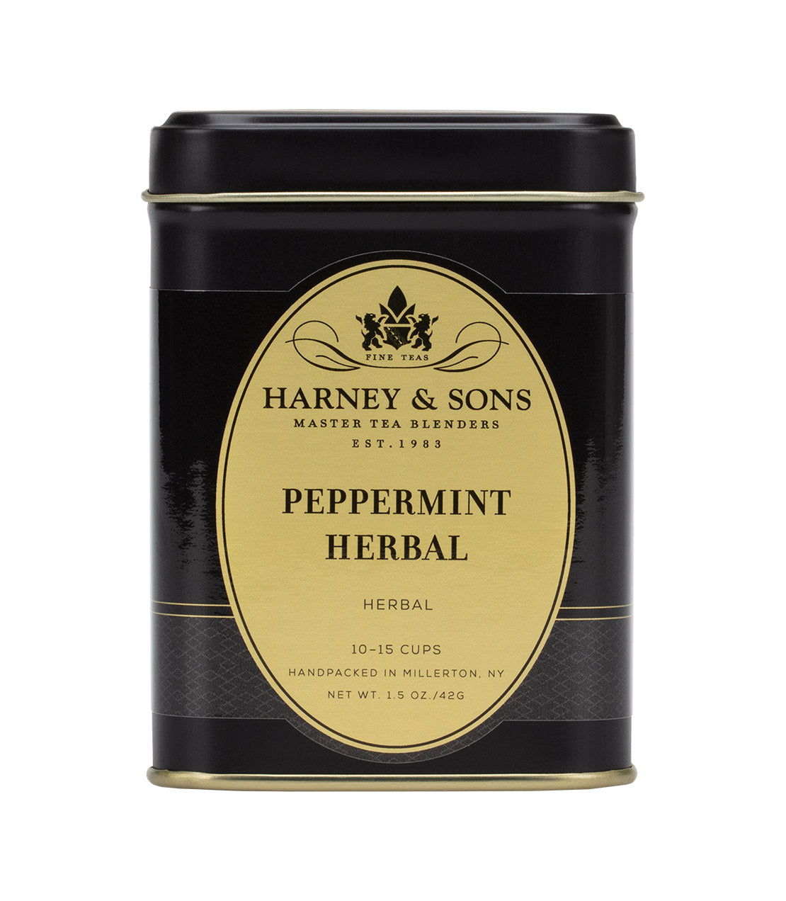 Black tin container of Harney & Sons Peppermint Herbal tea, labeled for 10-15 cups, 1.5 oz, handpacked in NY.