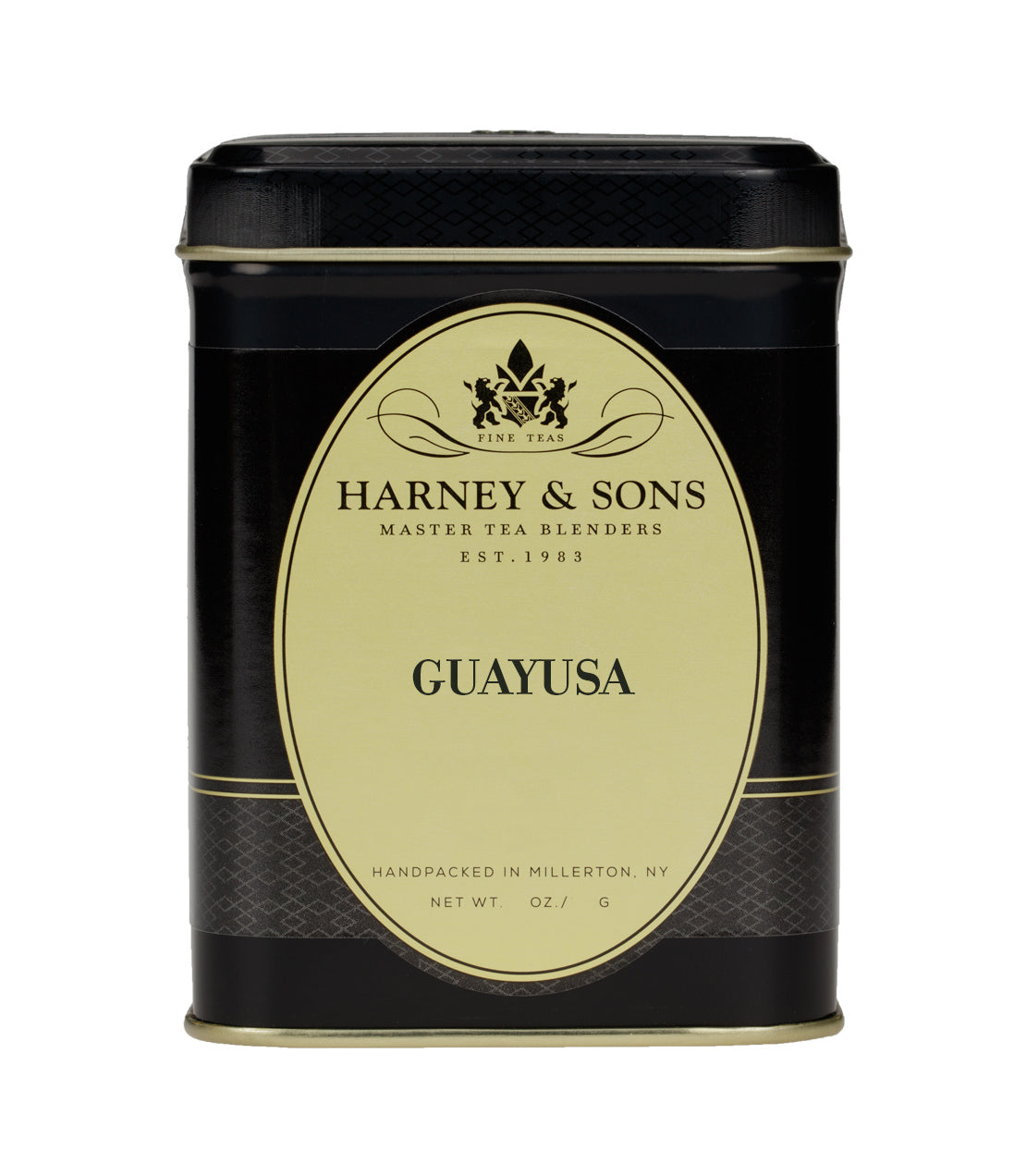Black tin container of Harney & Sons Guayusa tea, featuring elegant gold label and logo,  net weight unspecified.