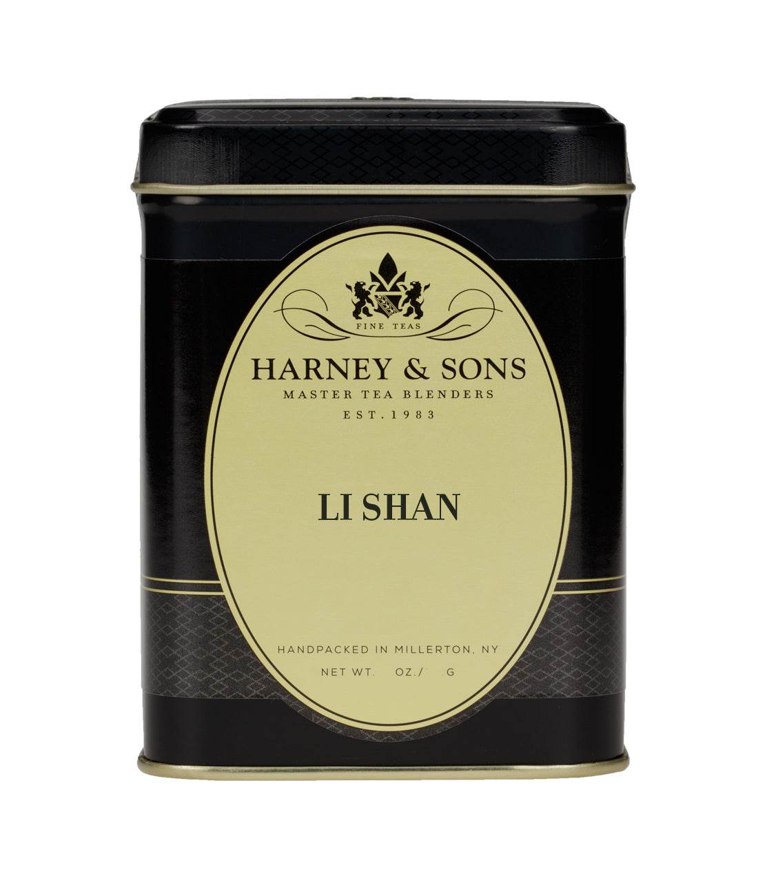 Black tin container of Harney & Sons Li Shan tea, featuring elegant gold accents and a classic design.