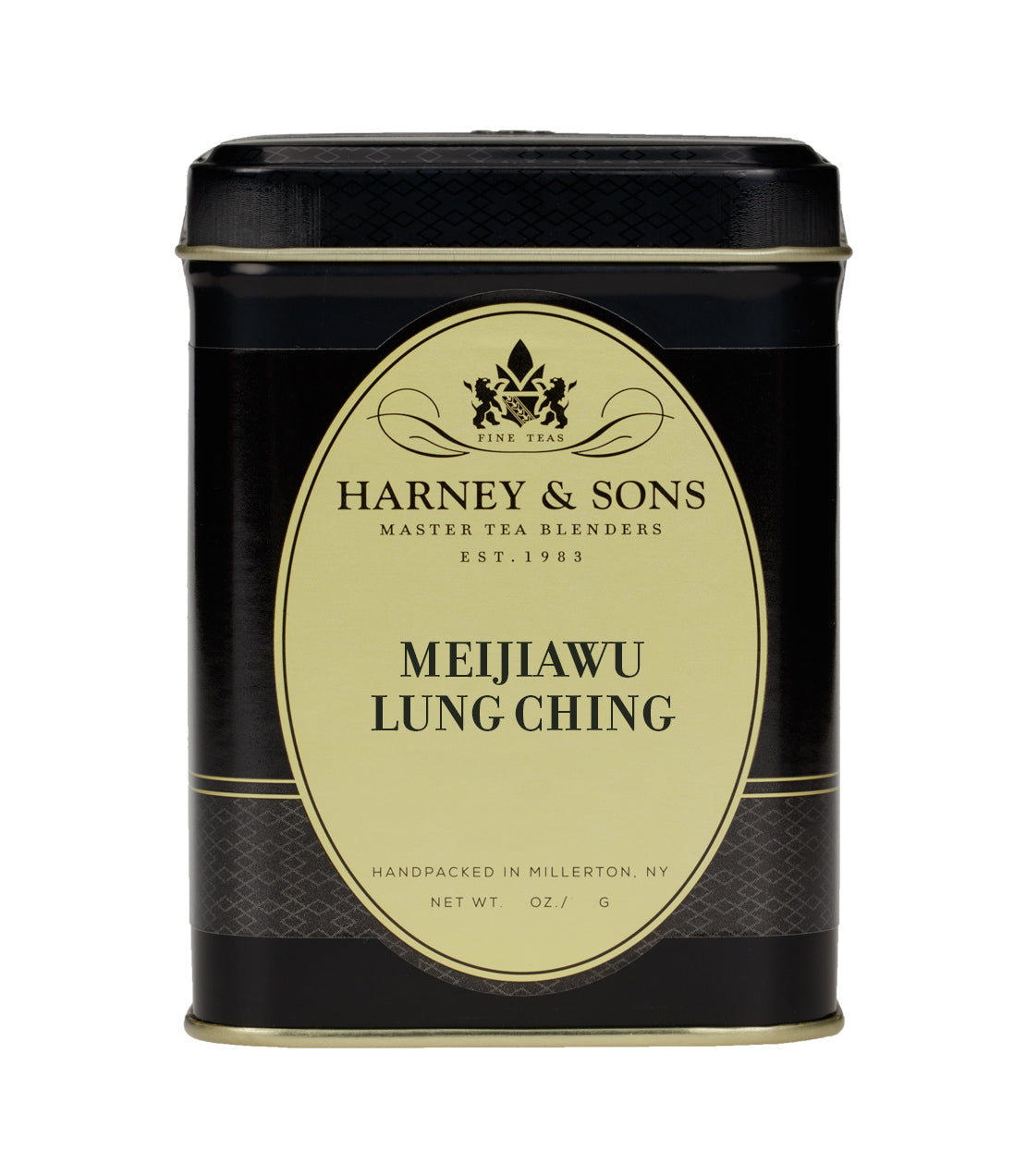 Black tin of Meijiawu Lung Ching tea by Harney & Sons, featuring elegant gold accents and branding.