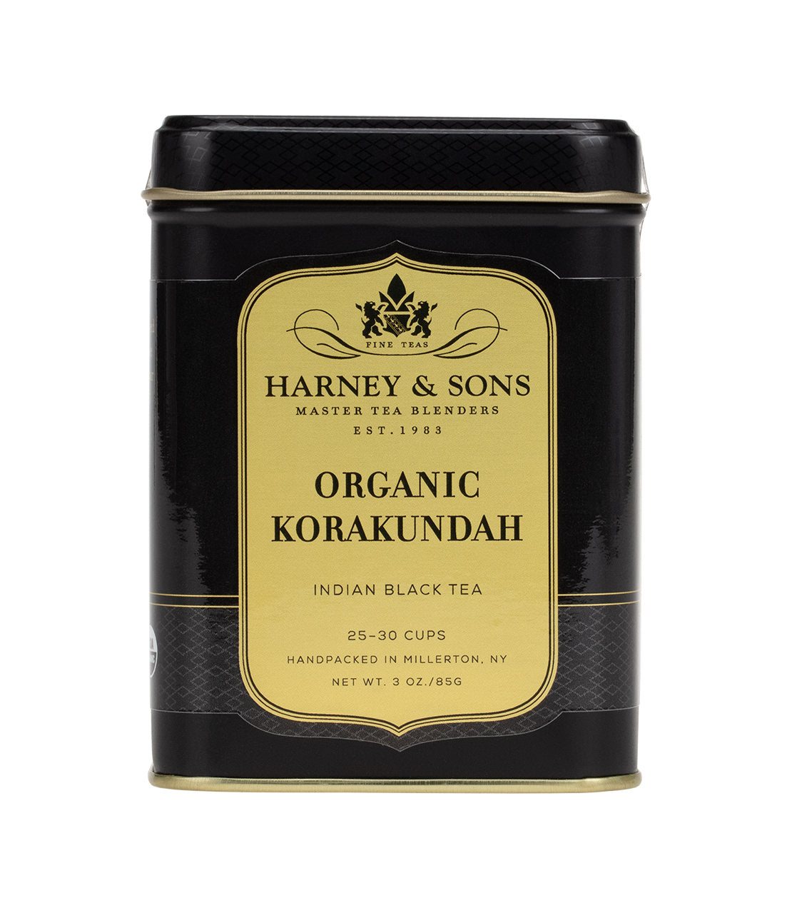 Black tin of Harney & Sons Organic Korakundah Indian black tea, 3 oz, handpacked in Millerton, NY.