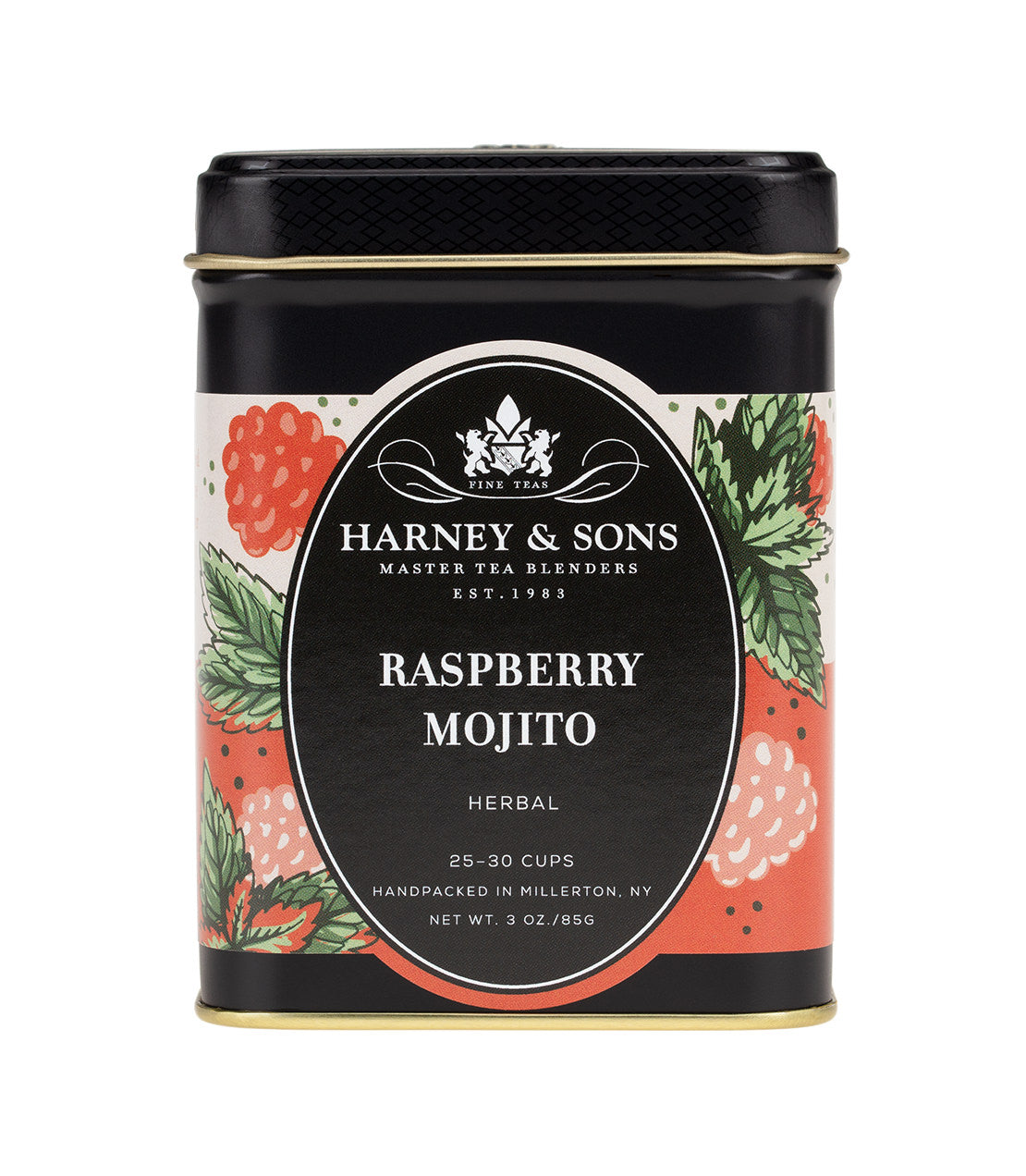 Harney & Sons Raspberry Mojito herbal tea tin, featuring raspberries and mint leaves design, 3 oz. packaging.