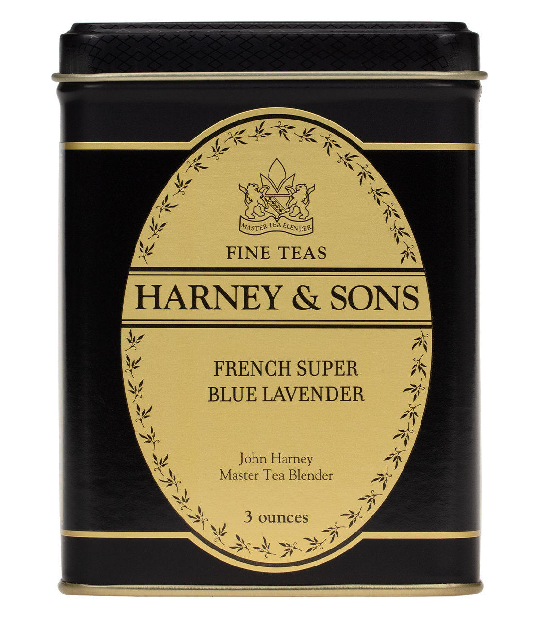 Black tin of Harney & Sons French Super Blue Lavender tea, 3 ounces, featuring elegant gold accents and logo.