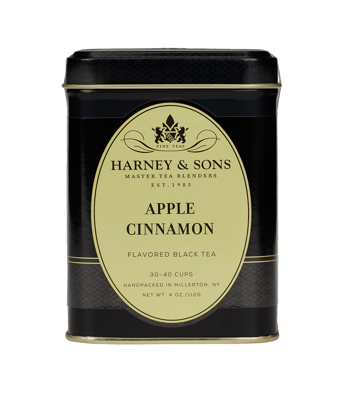 Black tea tin labeled "Apple Cinnamon" by Harney & Sons, featuring a decorative design and information on servings.