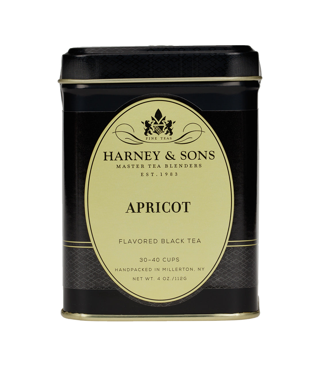 Black tea tin labeled "Apricot" by Harney & Sons, featuring elegant design and details about flavor and servings.