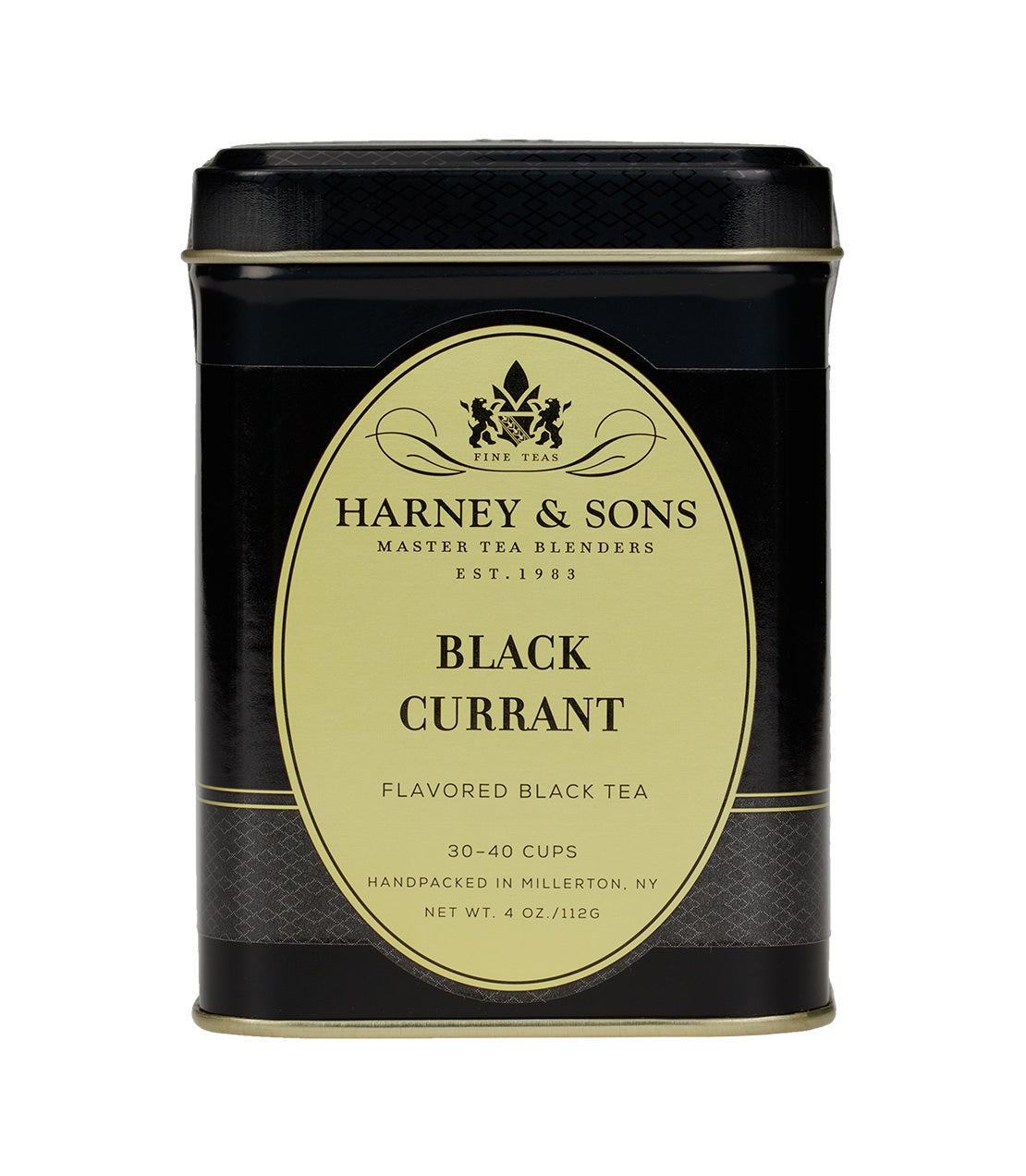 Black Currant Tea tin by Harney & Sons, featuring a sleek black design and elegant label, 4 oz size.