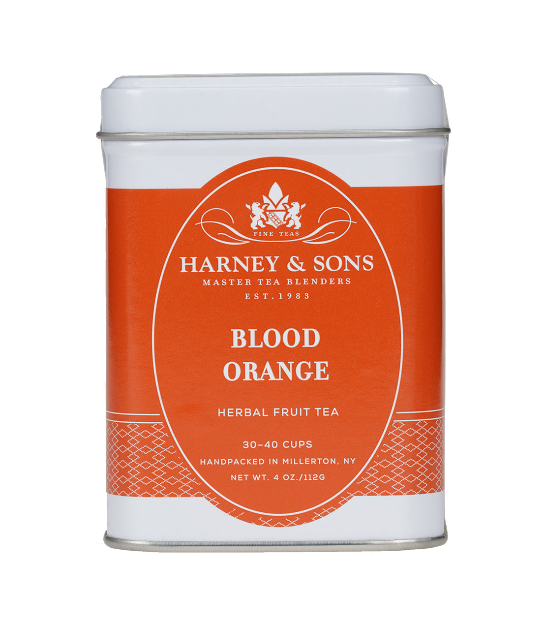 Harney & Sons Blood Orange herbal fruit tea tin, 4 oz, featuring vibrant orange packaging and elegant design.