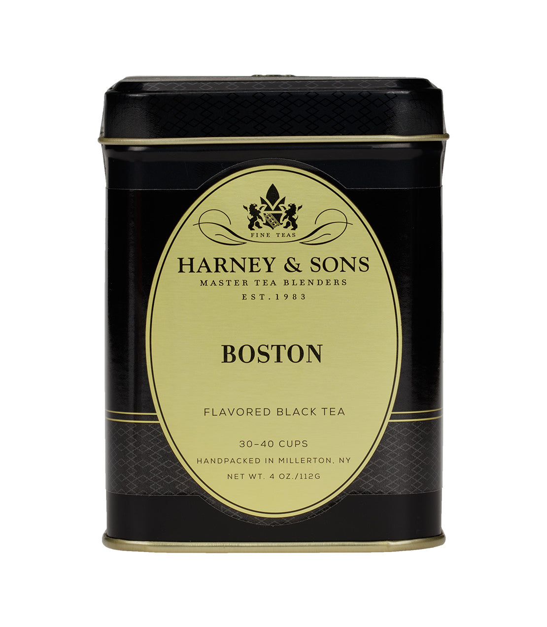 Harney & Sons Boston flavored black tea tin, 4 oz, handpacked in Millerton, NY, offers 30-40 cups of tea.