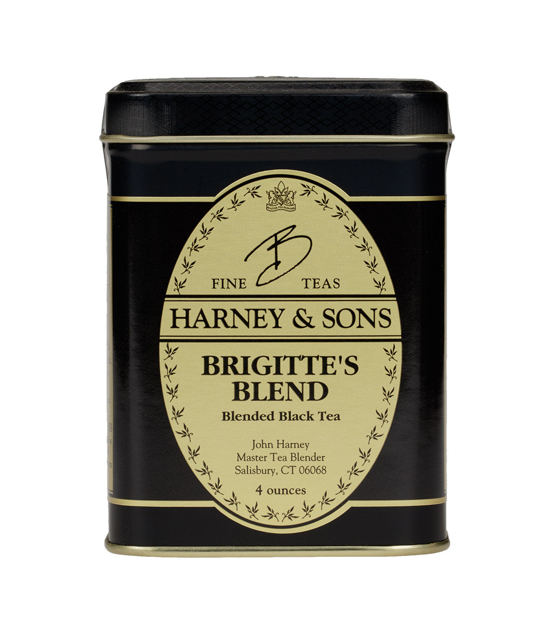Black tea tin labeled "Brigitte's Blend" by Harney & Sons, featuring a classic design and 4-ounce capacity.