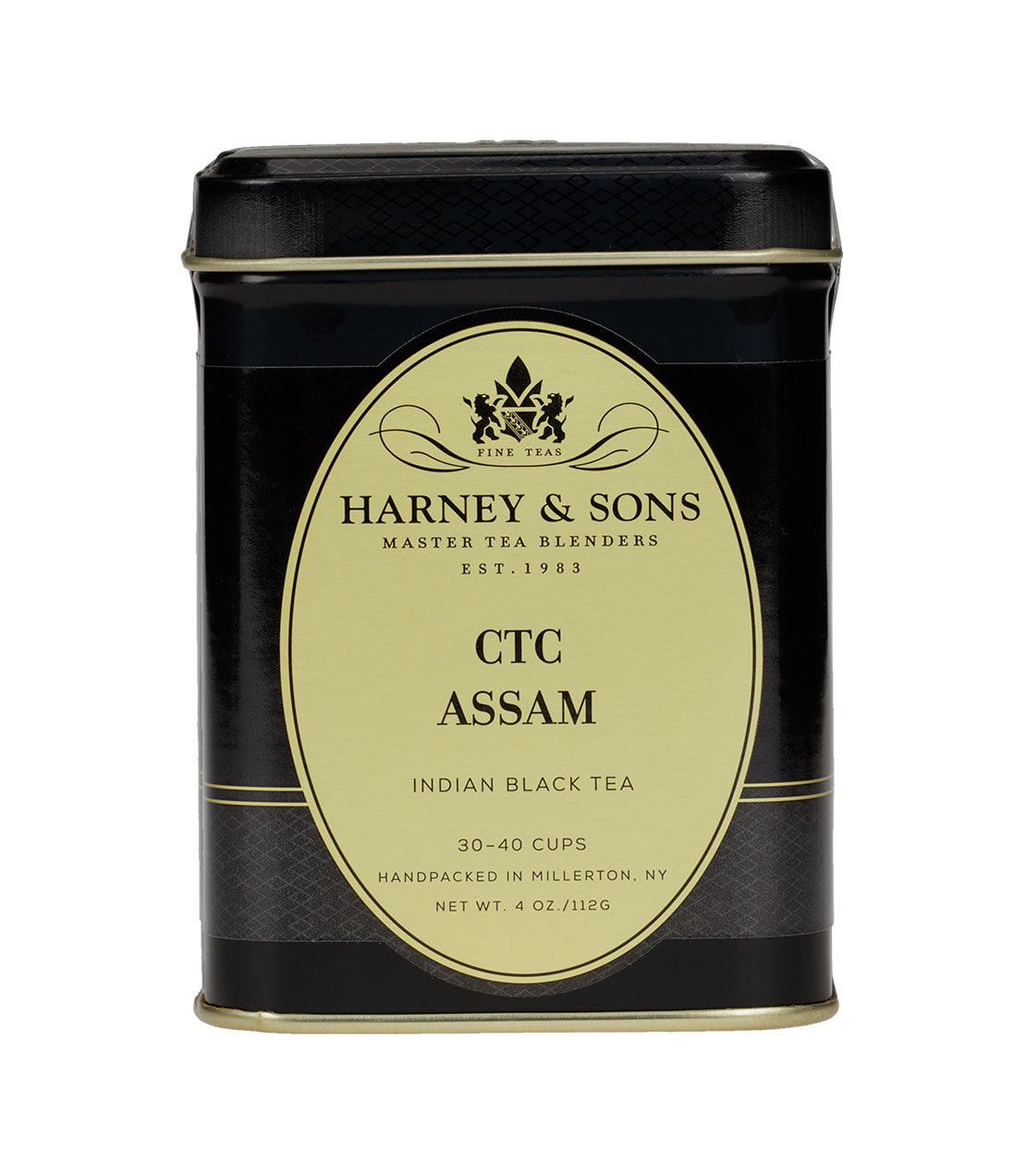 Harney & Sons CTC Assam black tea tin, 4 oz, labeled for 30-40 cups, with elegant black and gold design.