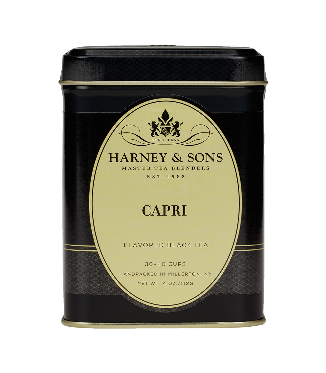 Black tea tin from Harney & Sons labeled "Capri," 4 oz, designed for 30-40 cups, with elegant packaging.