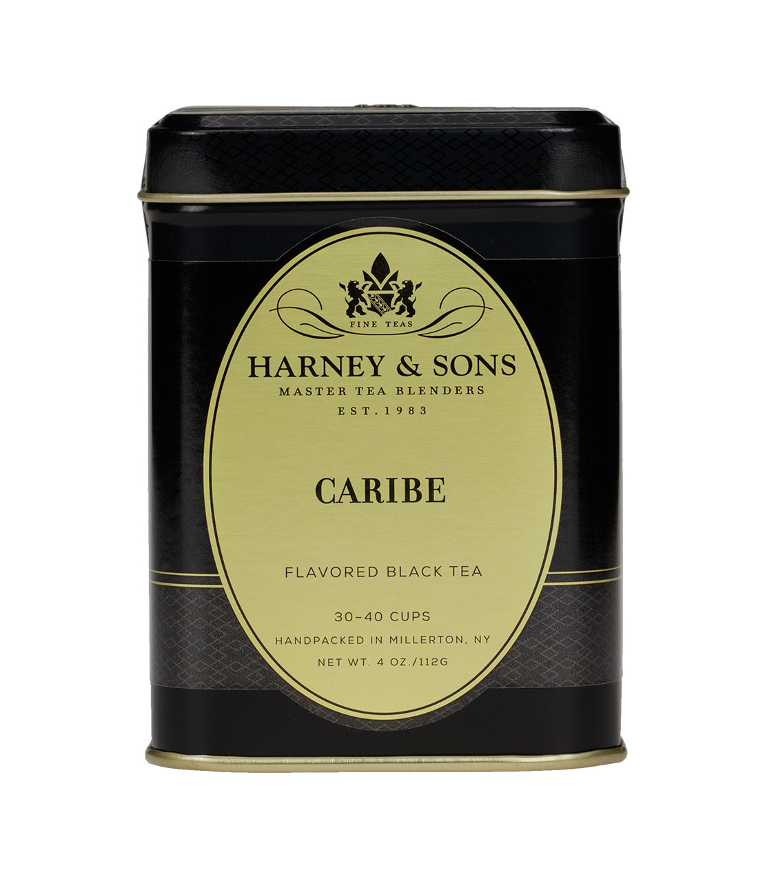 Harney & Sons Caribe flavored black tea tin, 4 oz, handpacked in Millerton, NY, brews 30-40 cups.