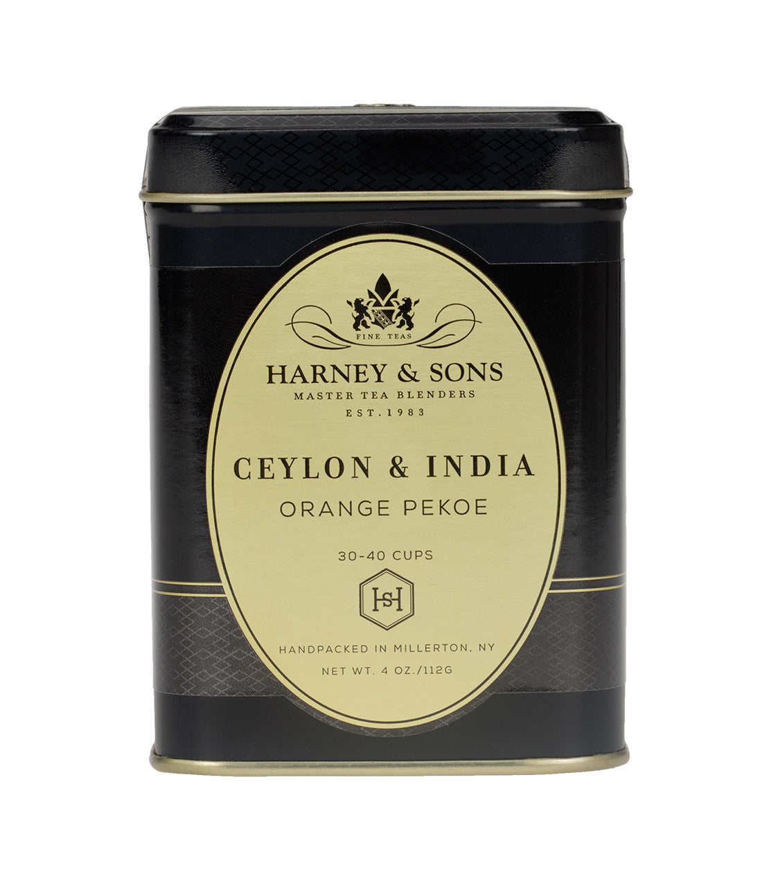 Harney & Sons Orange Pekoe tea tin, featuring Ceylon & India blend, 4 oz, handpacked in Millerton, NY.