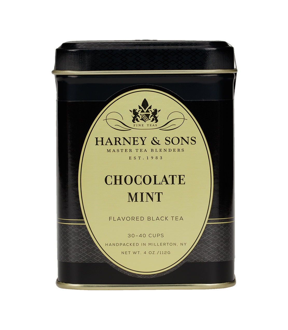 Harney & Sons Chocolate Mint flavored black tea tin, 4 oz, designed for 30-40 cups, elegant black packaging.