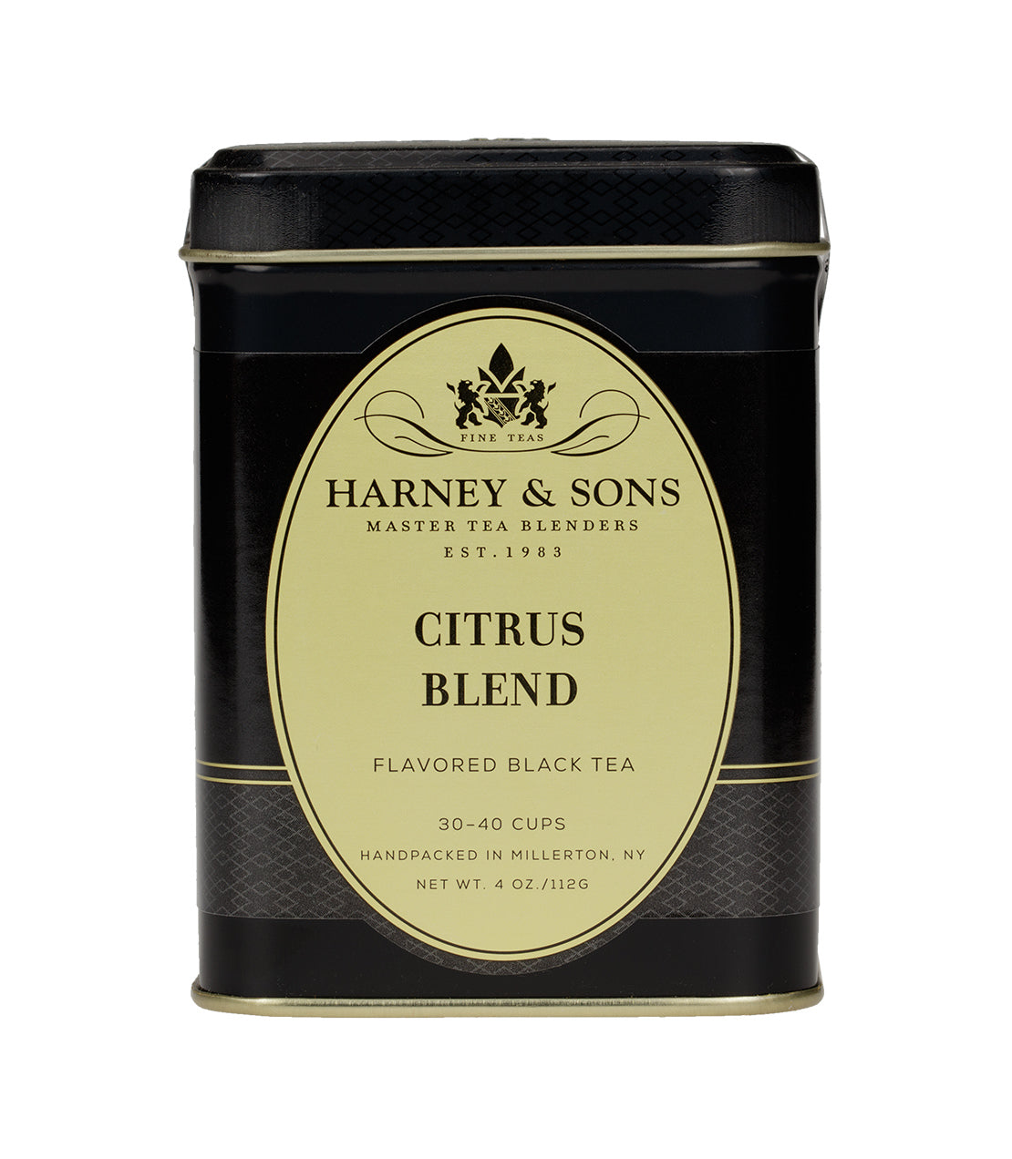 Harney & Sons Citrus Blend flavored black tea tin, 4 oz, designed for 30-40 cups, elegant packaging.