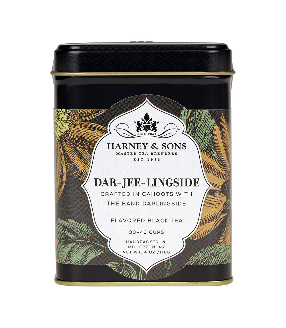Black tea tin labeled "Dar-Jee-Lingside" by Harney & Sons, featuring floral design and details about flavor.