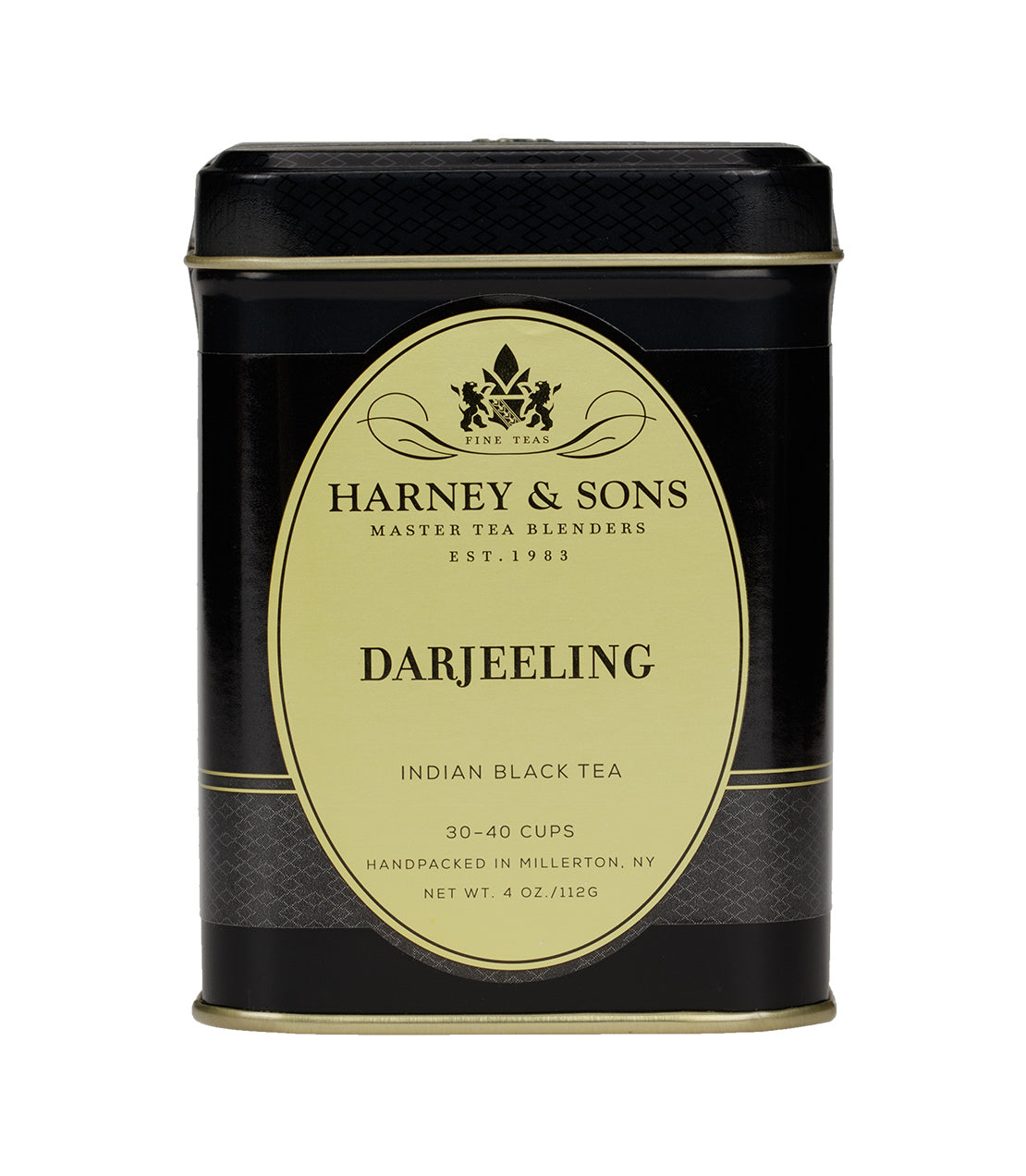 Black tea tin of Darjeeling by Harney & Sons, featuring elegant packaging and details about servings and origin.