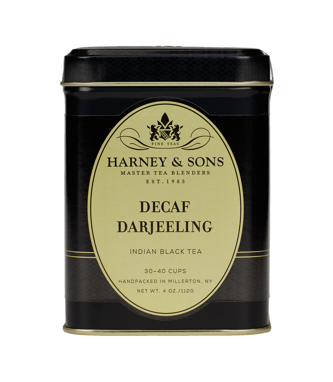 Harney & Sons Decaf Darjeeling tea tin, 4 oz, labeled as Indian black tea, suitable for 30-40 cups.