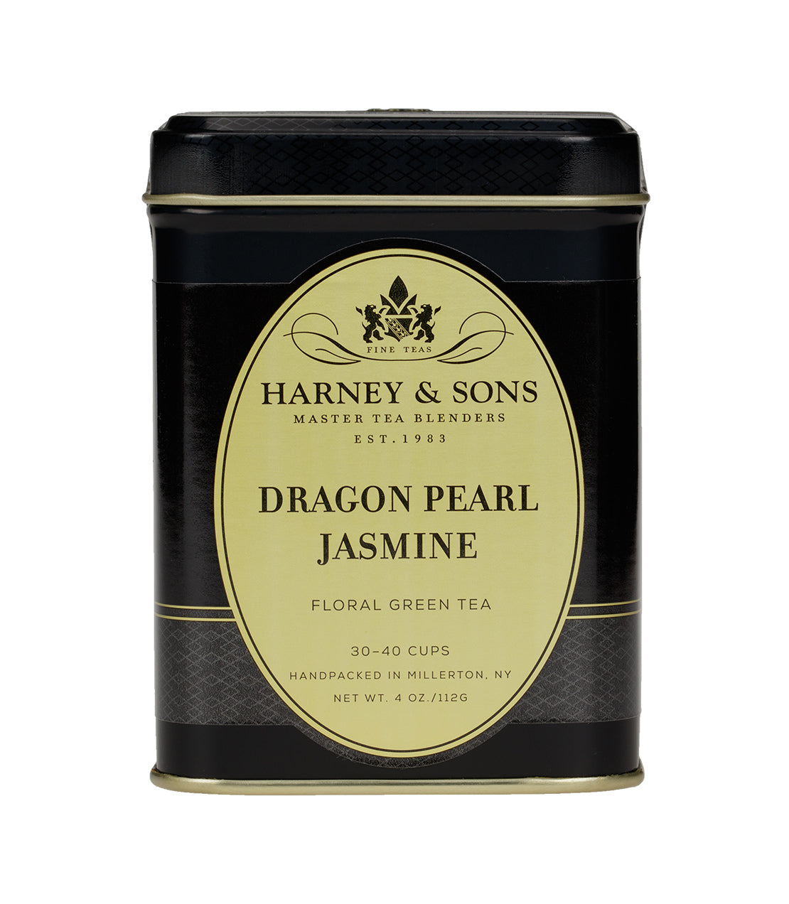 Harney & Sons Dragon Pearl Jasmine tea tin, 4 oz, featuring floral green tea for 30-40 cups.