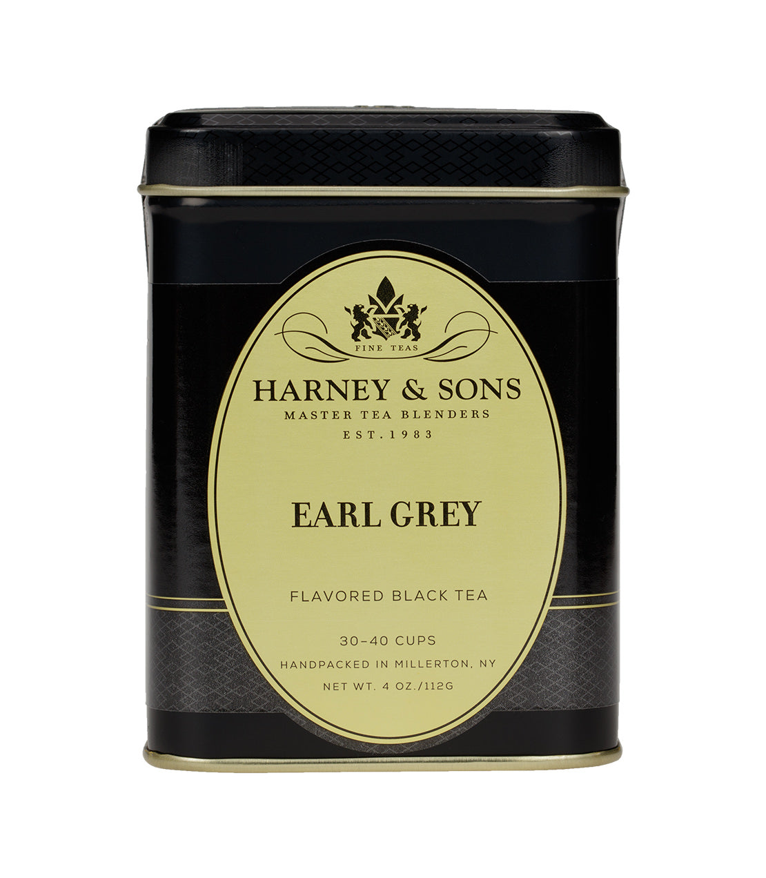 Black tea tin labeled "Earl Grey" by Harney & Sons, featuring a decorative design and details on servings.