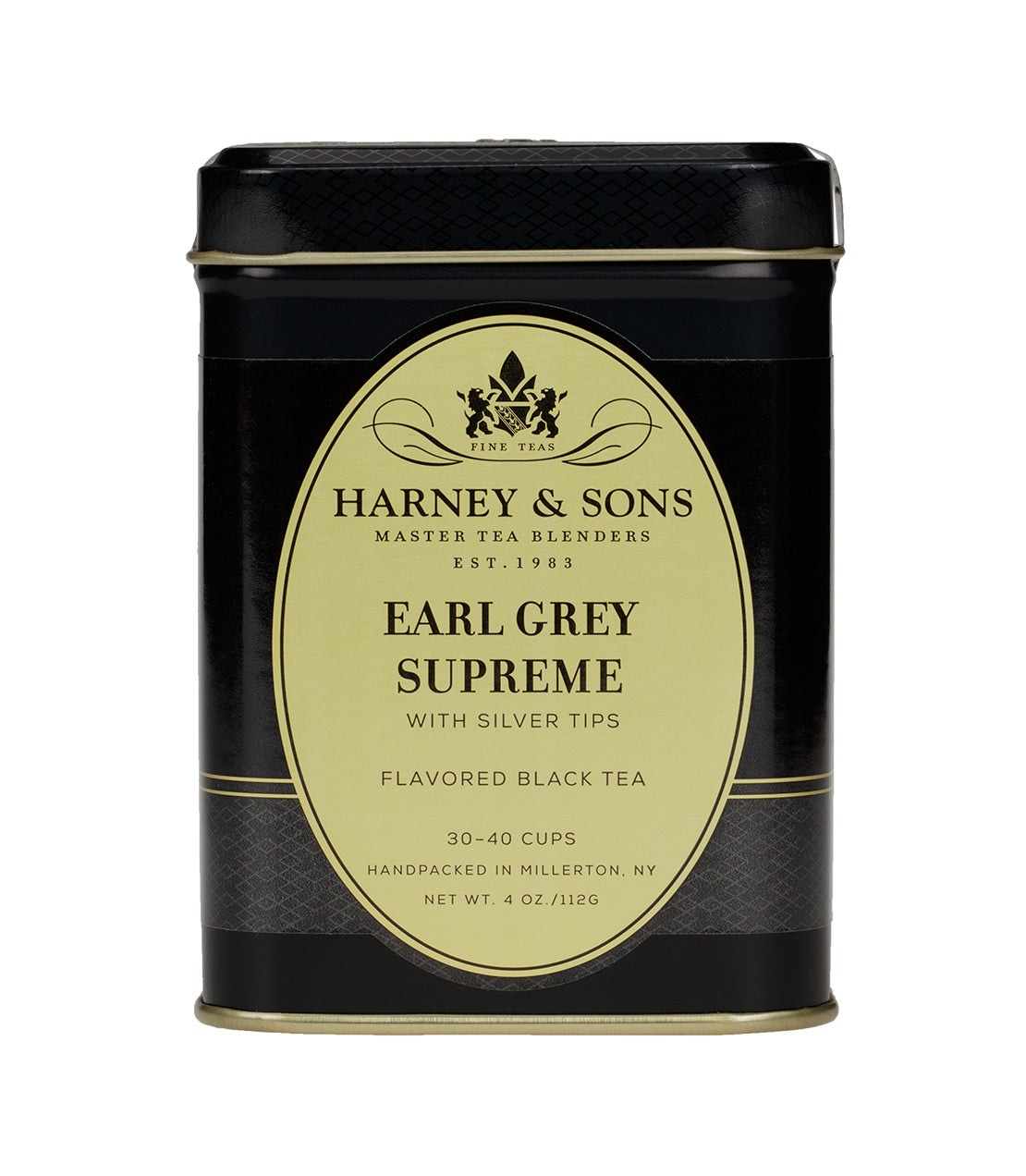 Black tin of Harney & Sons Earl Grey Supreme tea, featuring silver tips and labeled for 30-40 cups.