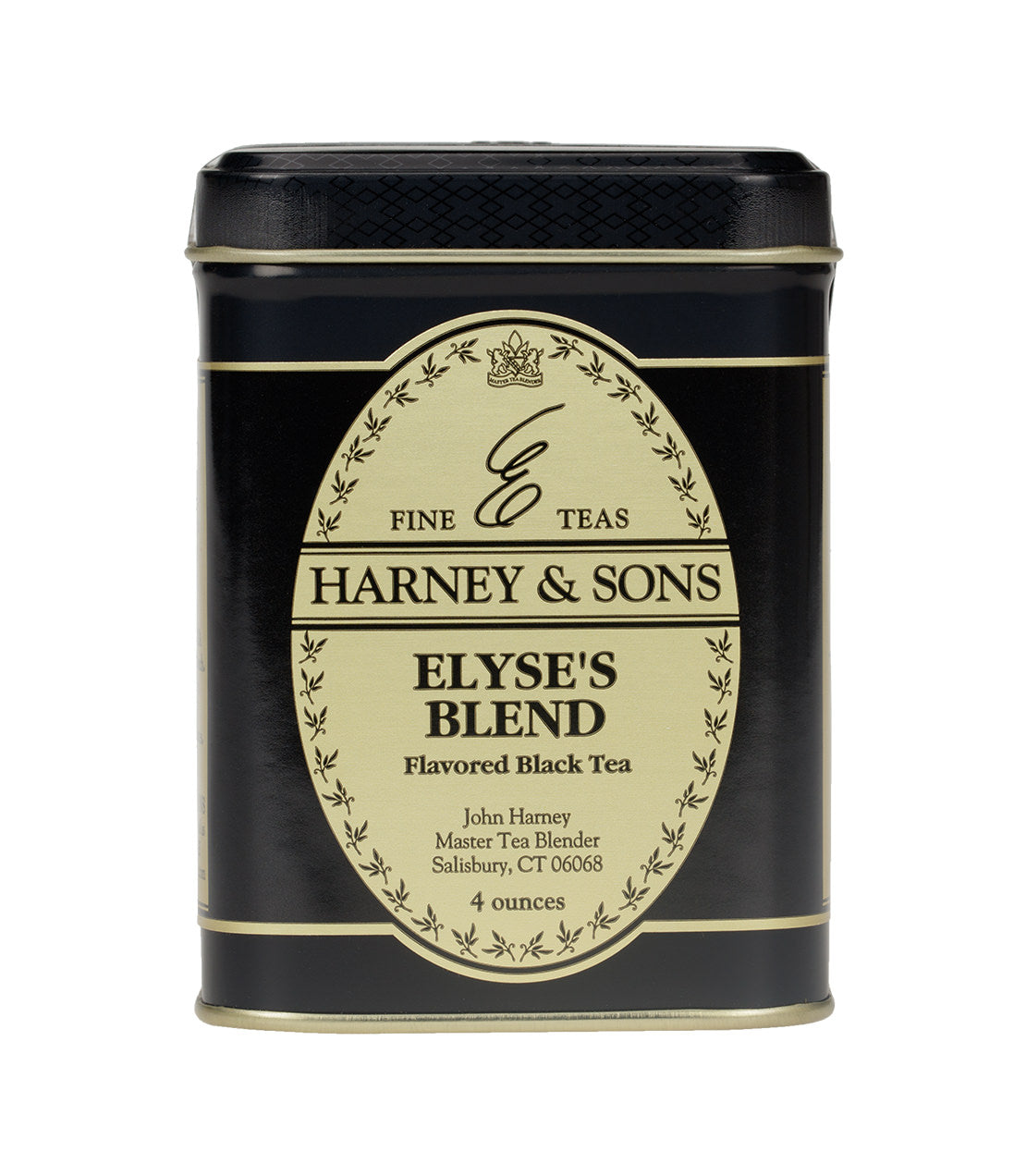 Elyse's Blend flavored black tea tin by Harney & Sons, 4 ounces, featuring elegant black and cream packaging.