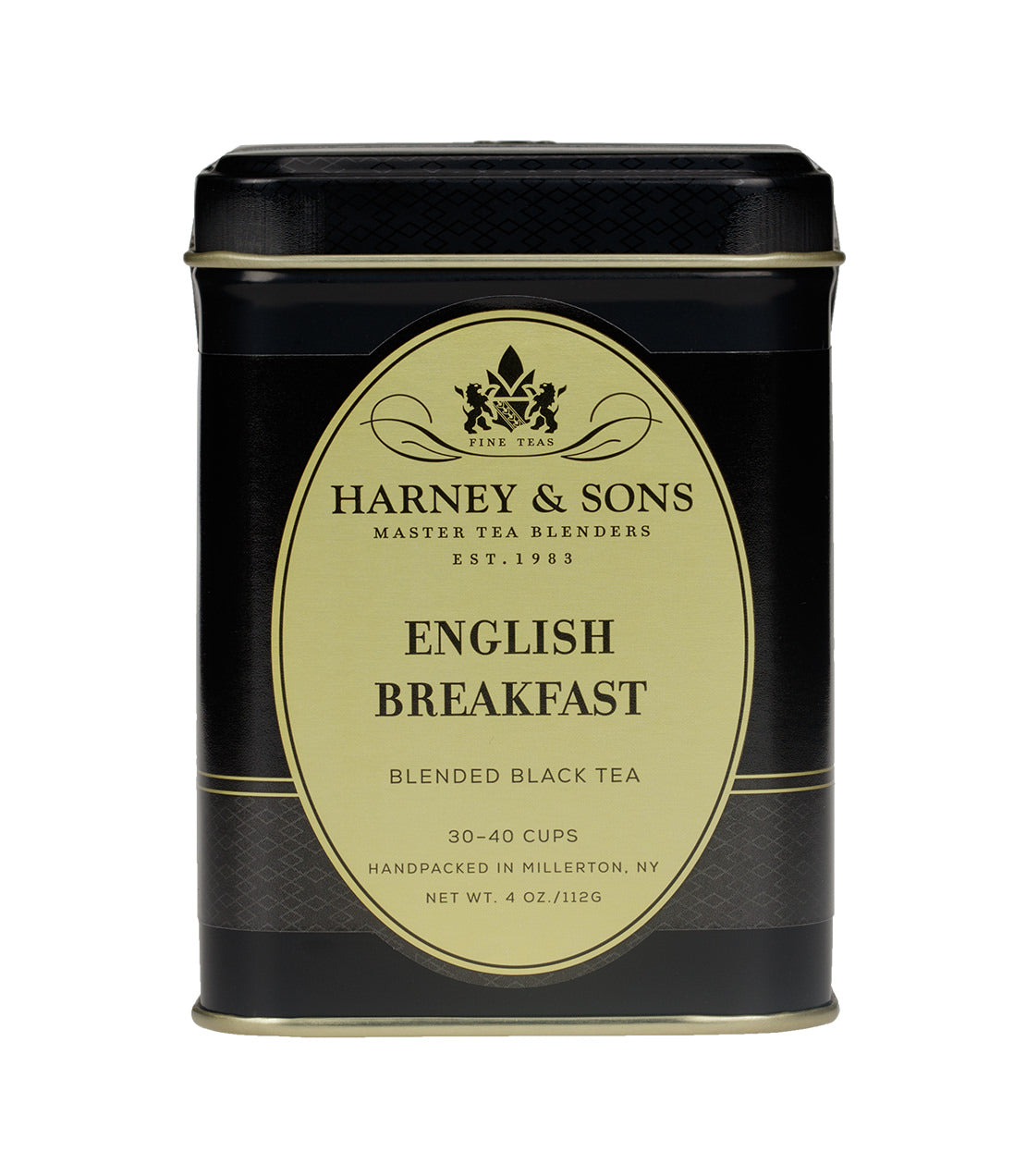 Black tea tin labeled "English Breakfast" by Harney & Sons, containing 4 oz of blended black tea.