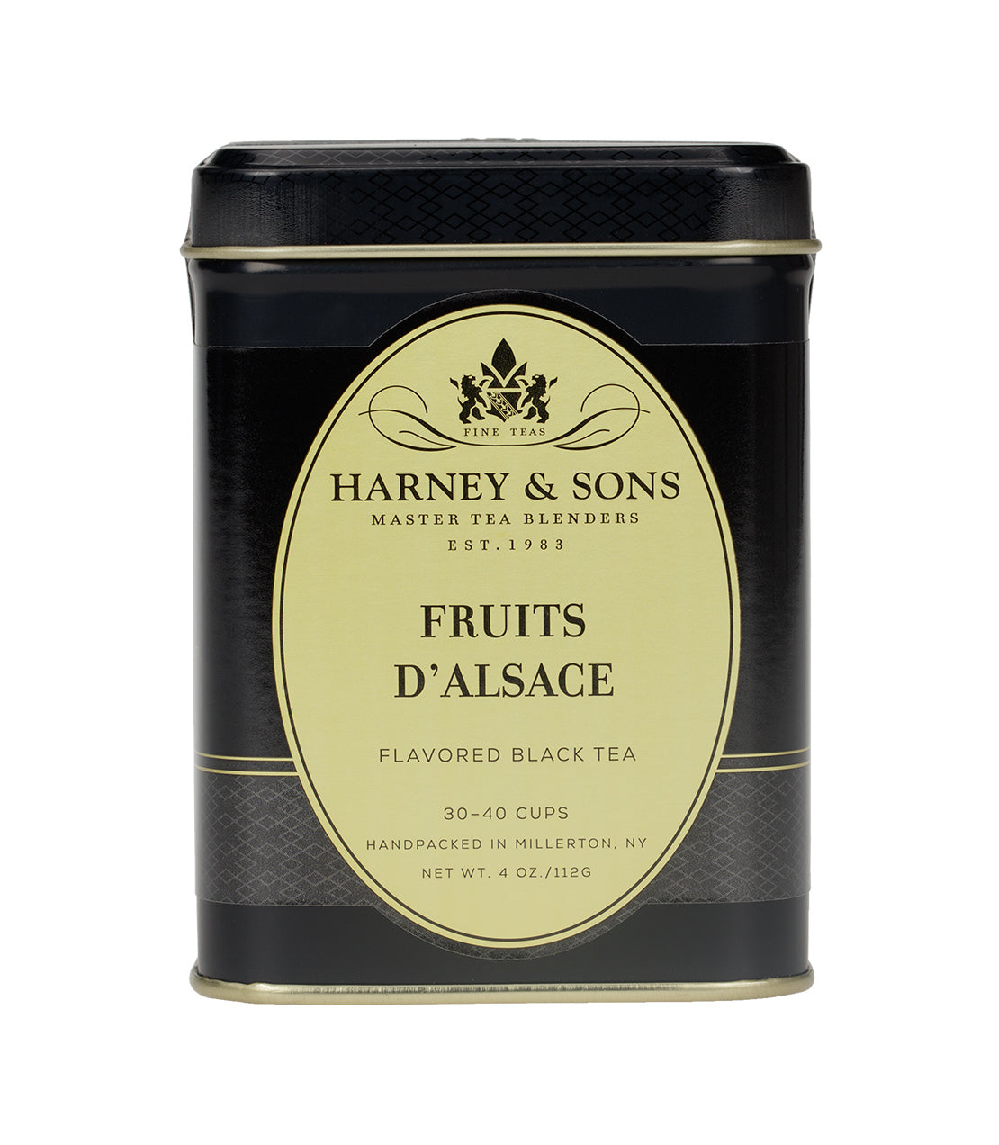 Black tea tin labeled "Fruits d'Alsace" by Harney & Sons, featuring elegant design and details on flavor and servings.