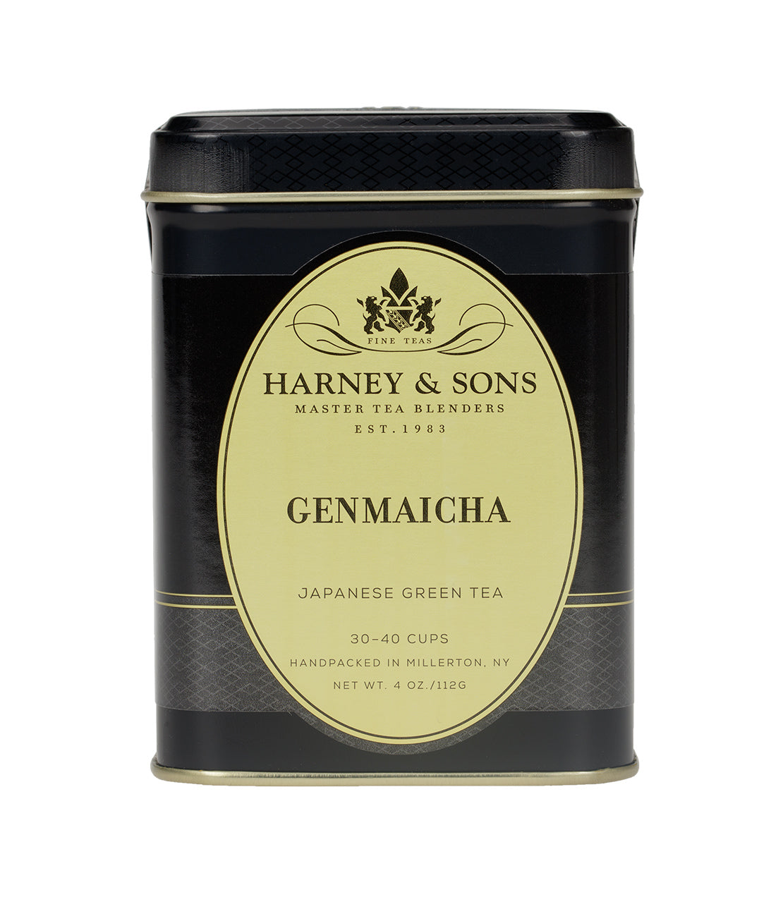 Harney & Sons Genmaicha tea tin, 4 oz, featuring Japanese green tea blend for 30-40 cups.