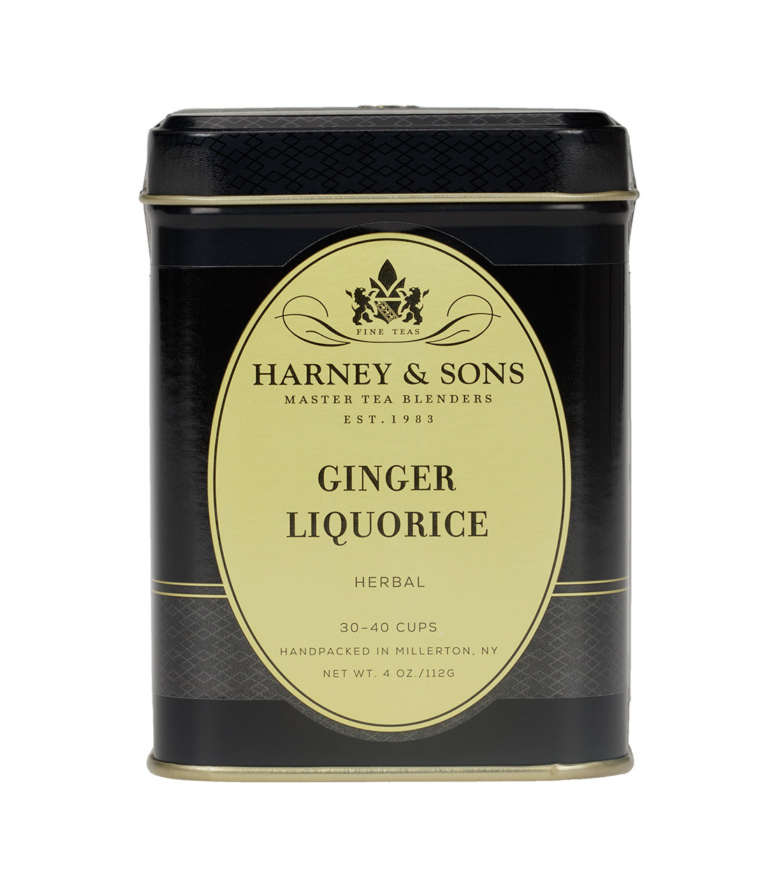 Black tin container of Harney & Sons Ginger Liquorice herbal tea, 4 oz, with elegant label design.