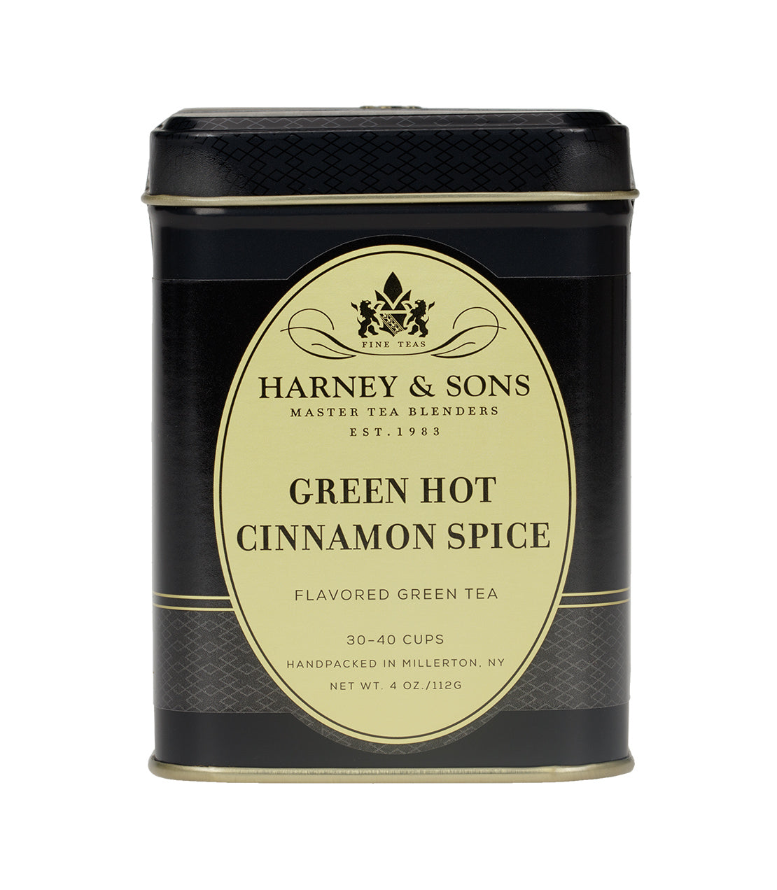 Harney & Sons Green Hot Cinnamon Spice tea tin, 4 oz, featuring a black and gold design, ideal for 30-40 cups.