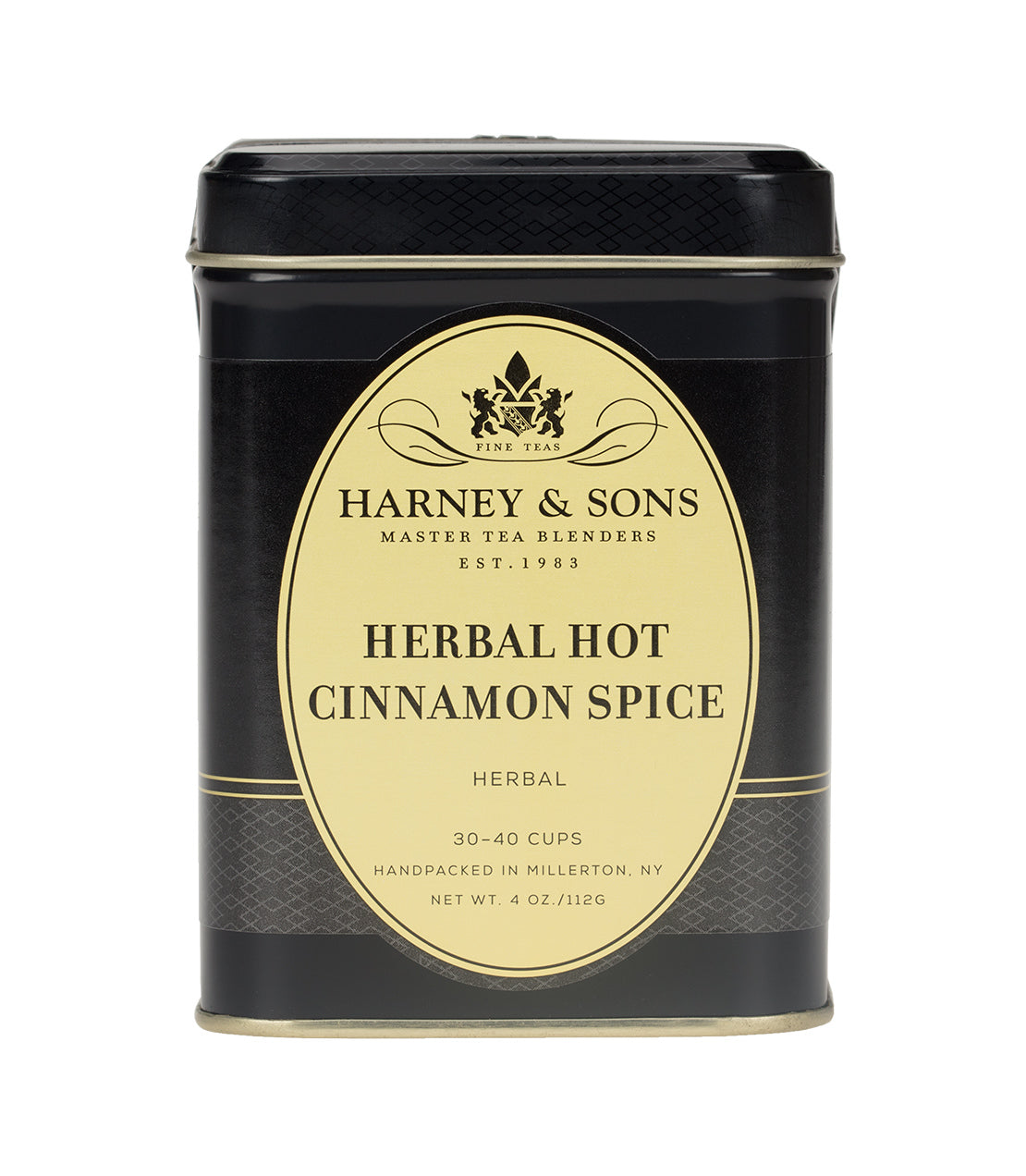 Black tin of Harney & Sons Herbal Hot Cinnamon Spice tea, 4 oz, brews 30-40 cups, handpacked in Millerton, NY.
