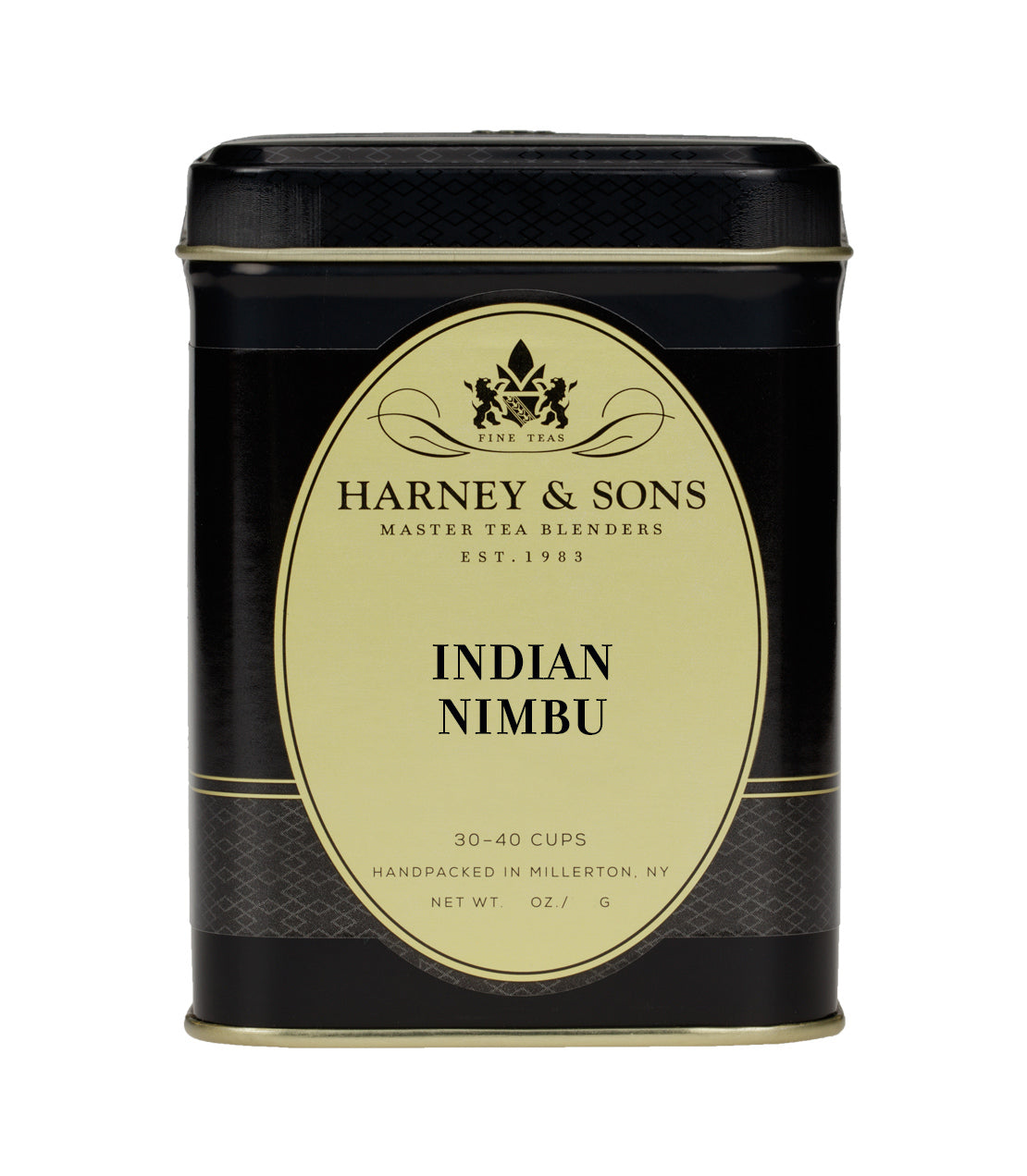Harney & Sons Indian Nimbu tea tin, 30-40 cups, elegantly designed with a black and gold label.