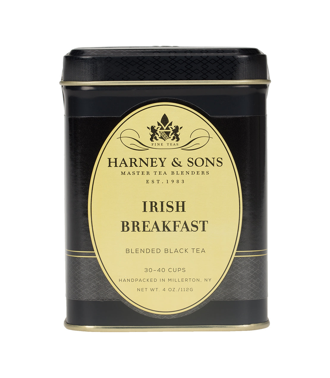 Harney & Sons Irish Breakfast loose tea tin, 4 oz, featuring a classic black tea blend for 30-40 cups.