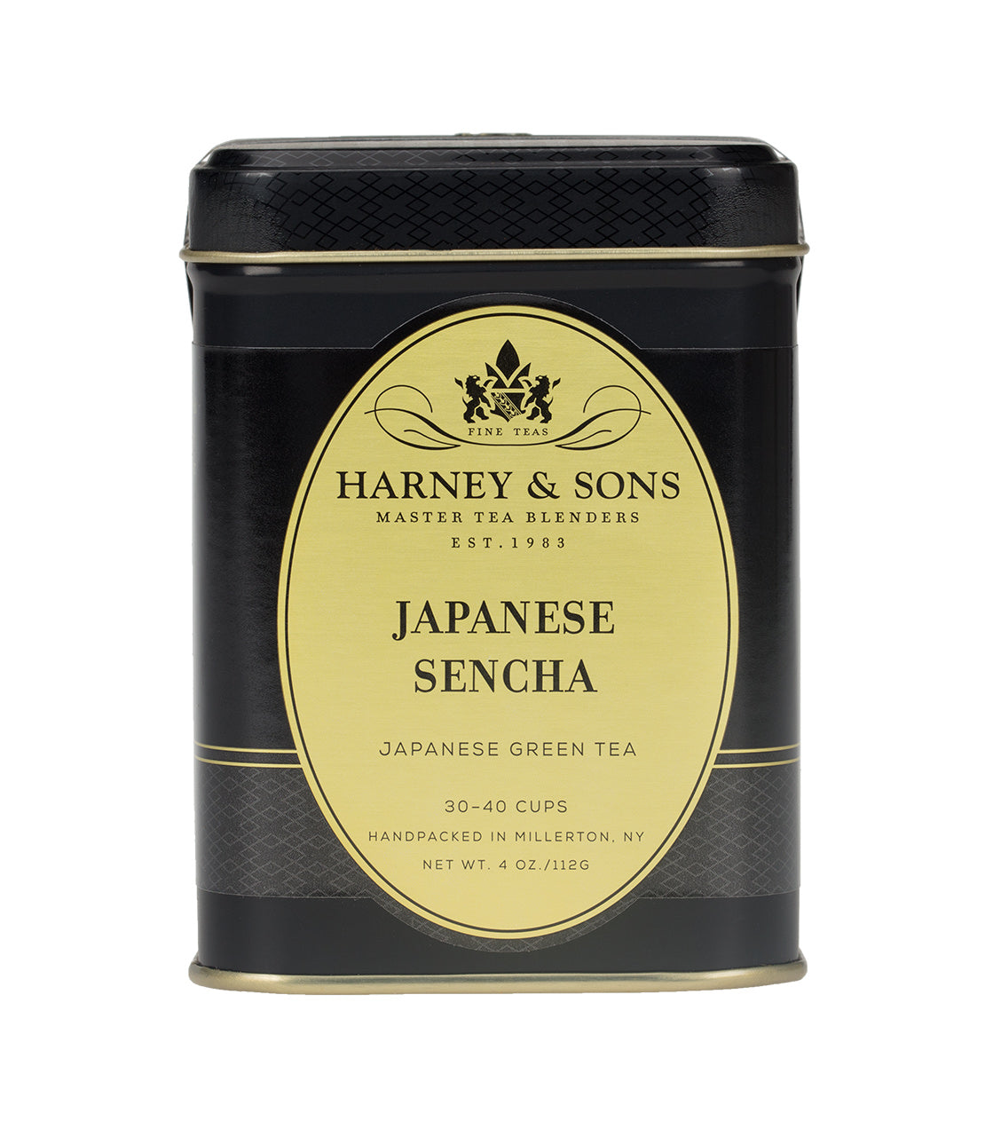 Harney & Sons Japanese Sencha green tea tin, 4 oz, labeled for 30-40 cups, elegant black and gold design.