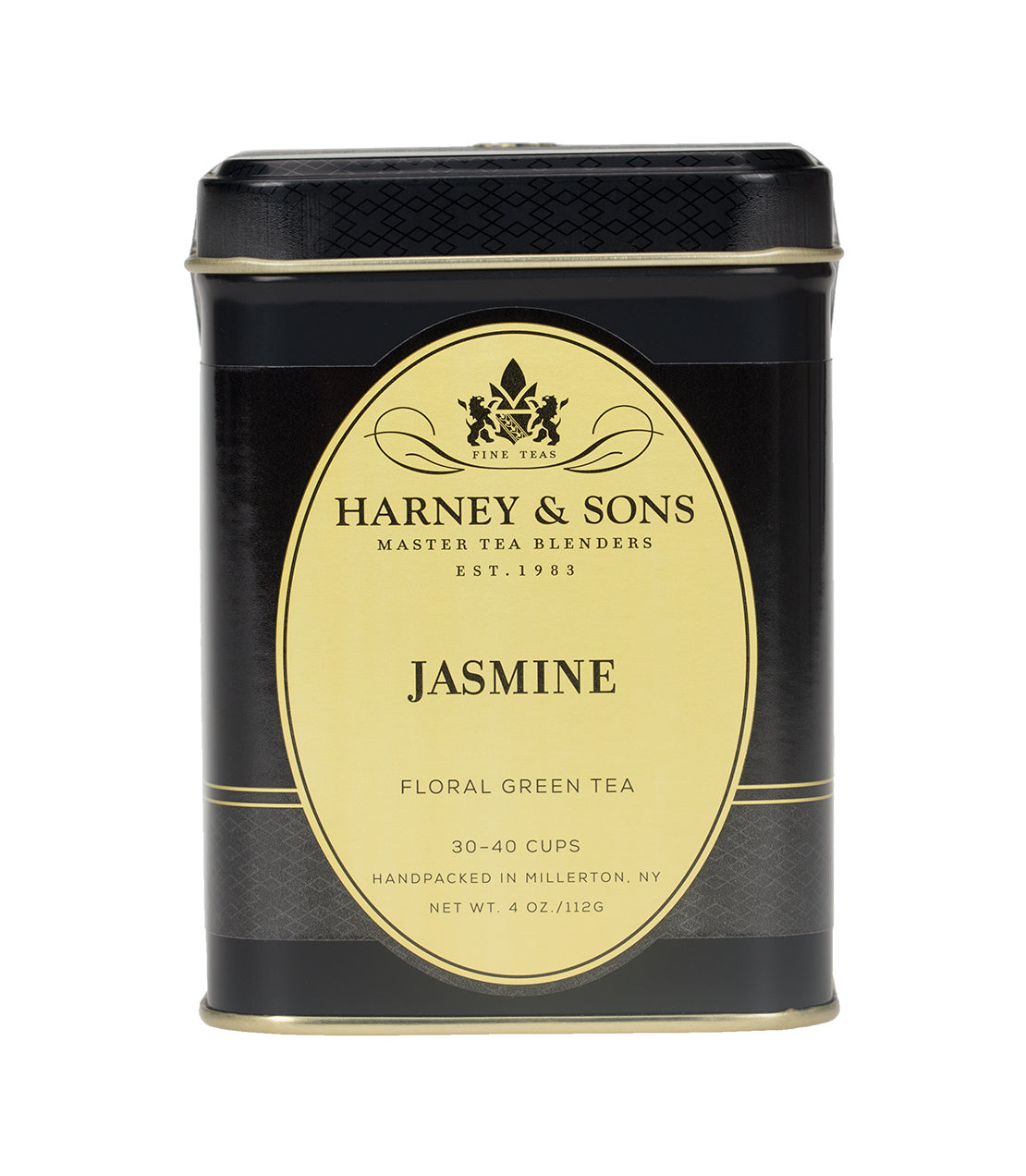 Elegant black tin of Harney & Sons Jasmine Tea, featuring floral green tea, 4 oz, handpacked in Millerton, NY.