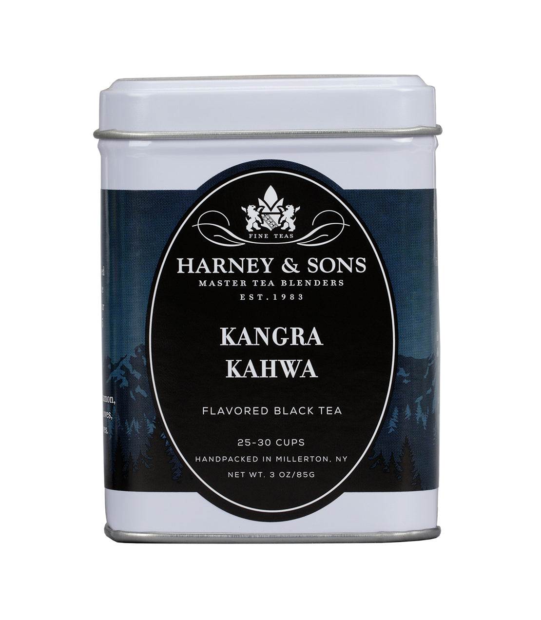 Harney & Sons Kangra Kahwa tea tin, 3 oz, featuring a black label and mountain design, ideal for 25-30 cups.